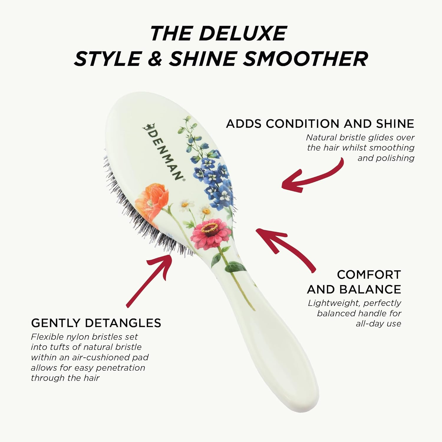 Denman Boar Bristle Hair Brush &ndash; Smoothing & Shine Enhancing for Slick Back Styles, Curl Defining & Detangling. D81M Floral Fantasy Hairbrush with Natural Bristles for All Hair Types for Women & Men image number 3