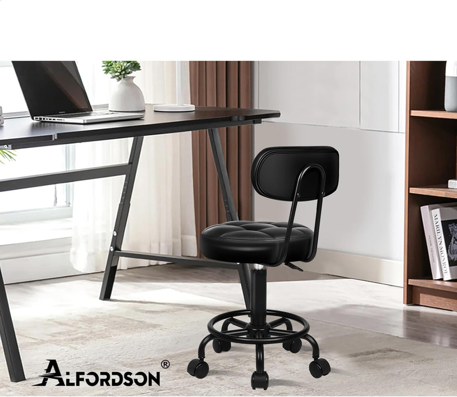 ALFORDSON round Salon Stool PU Leather Upholstery with Backrest, Adjustable Drafting Rolling Stools in 52-67Cm Height, Swivel Spa Chair with Footrest for Hair Barber Massage Table(Riley All Black)