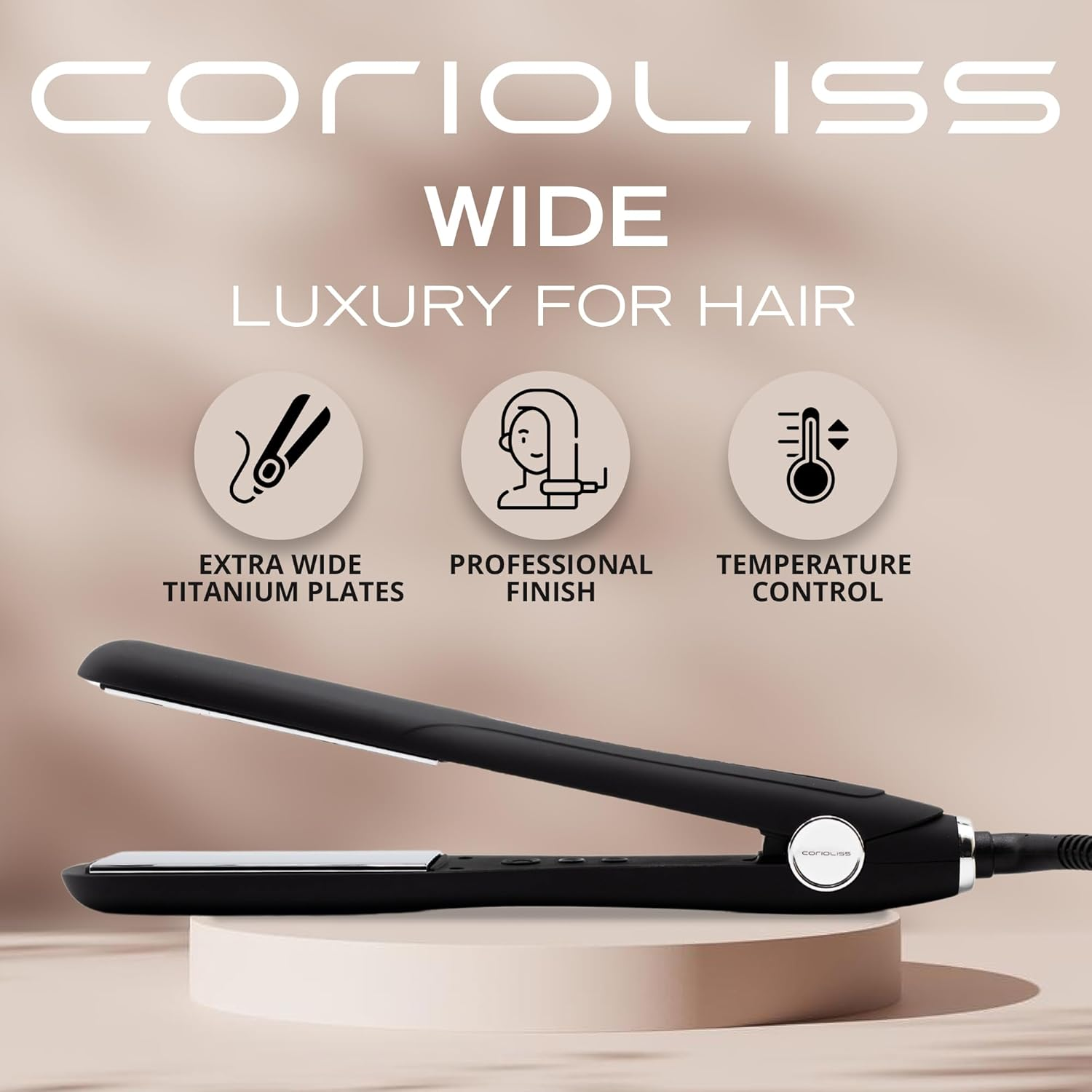 Corioliss Wide Flat Iron Hair Straightener Professional Titanium Plates Temperature Black Soft Touch