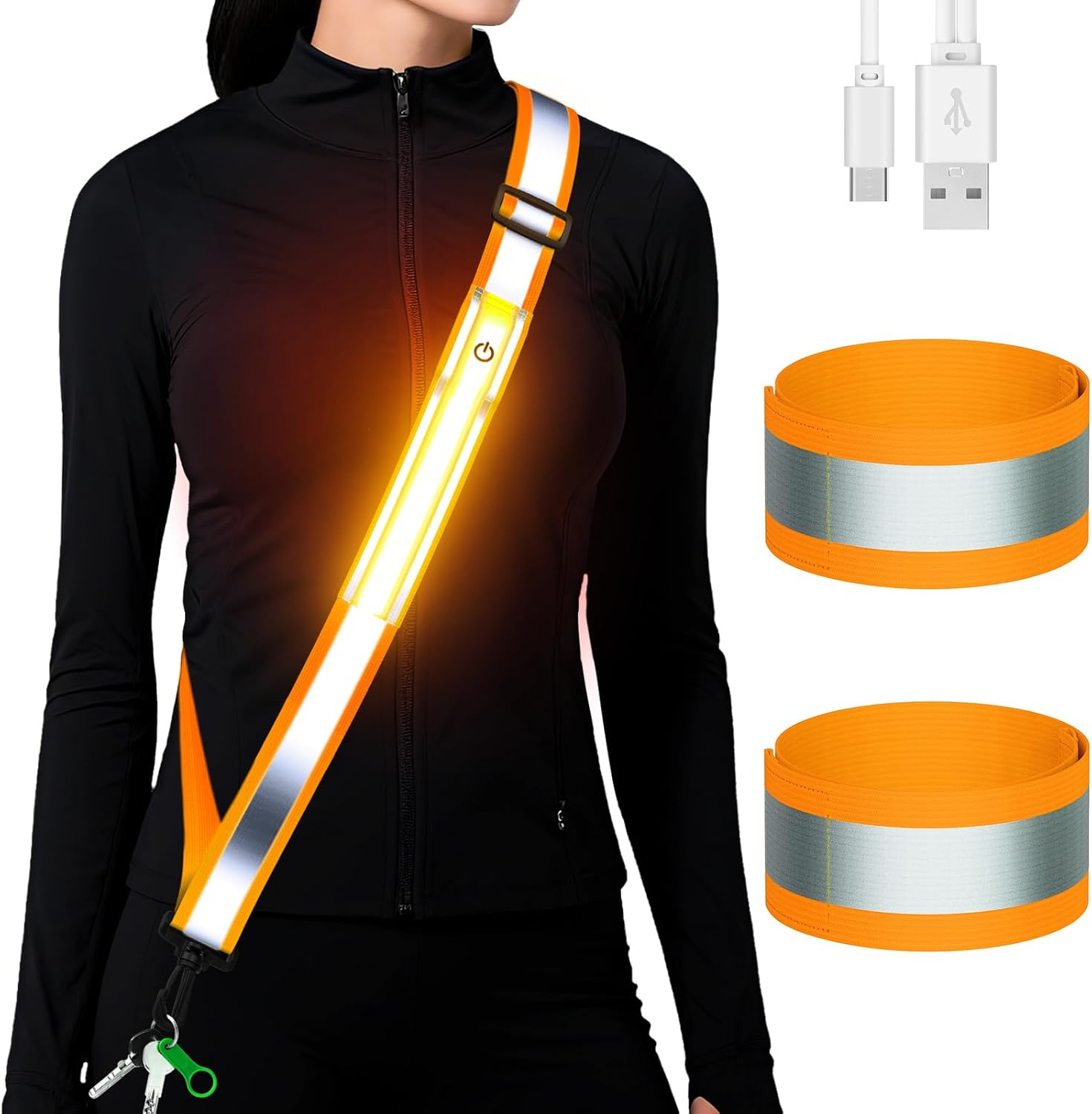 Fokia Kunbio LED Reflective Running Gear High Visibility Reflective Belt Sash with Armband for Walking at Night,Adjustable Running Safety Gear Light up Running Belt for Runners Walkers Men Women