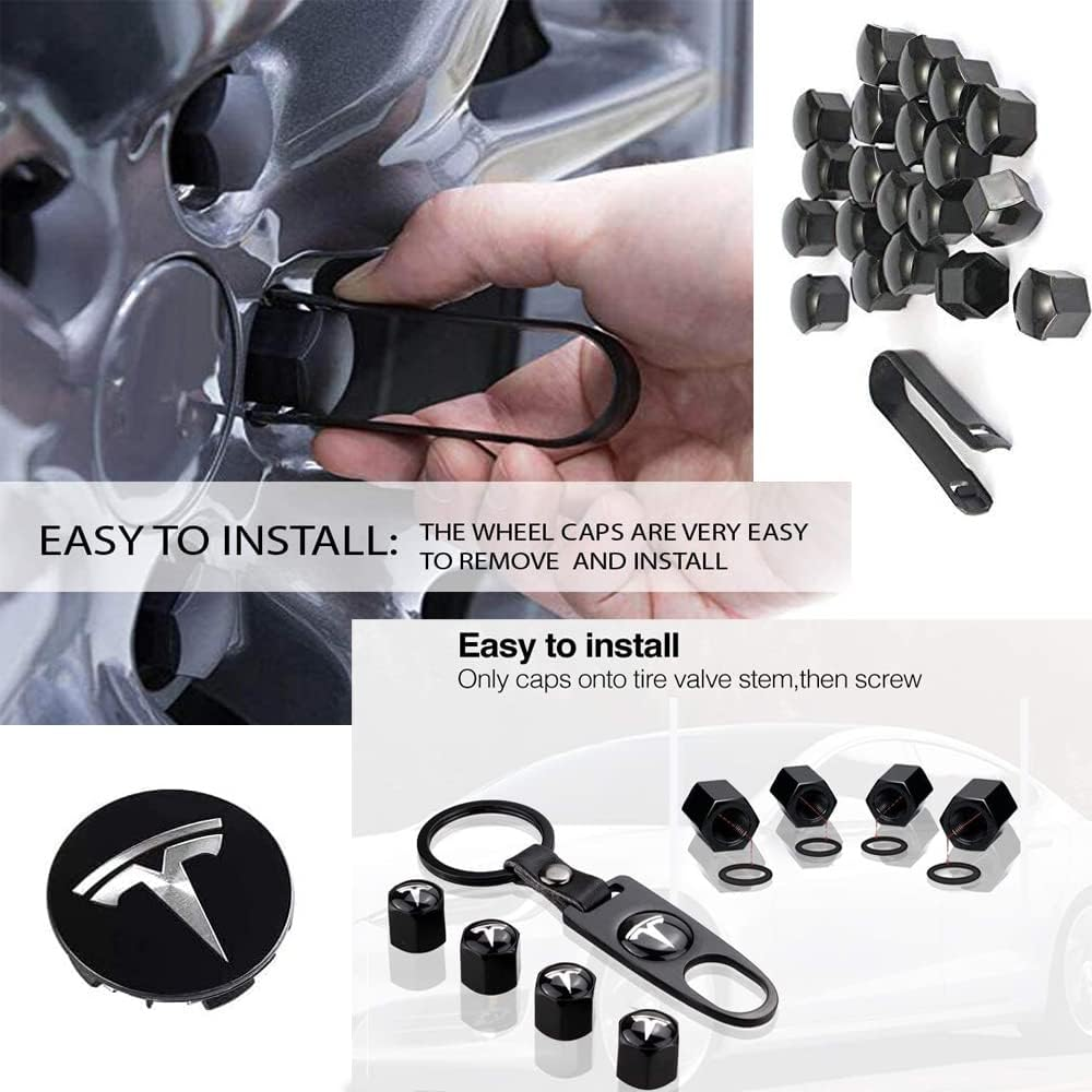 For Tesla Wheel Cap Kit, Tesla Model 3 Aero Wheel Cap Kit Wheel Lug Nut Covers Hub Center Cover Nut Cover Caps with Tyre Valve Caps for Tesla Model 3 Wheel (Black) - Black 30Pcs image number 4