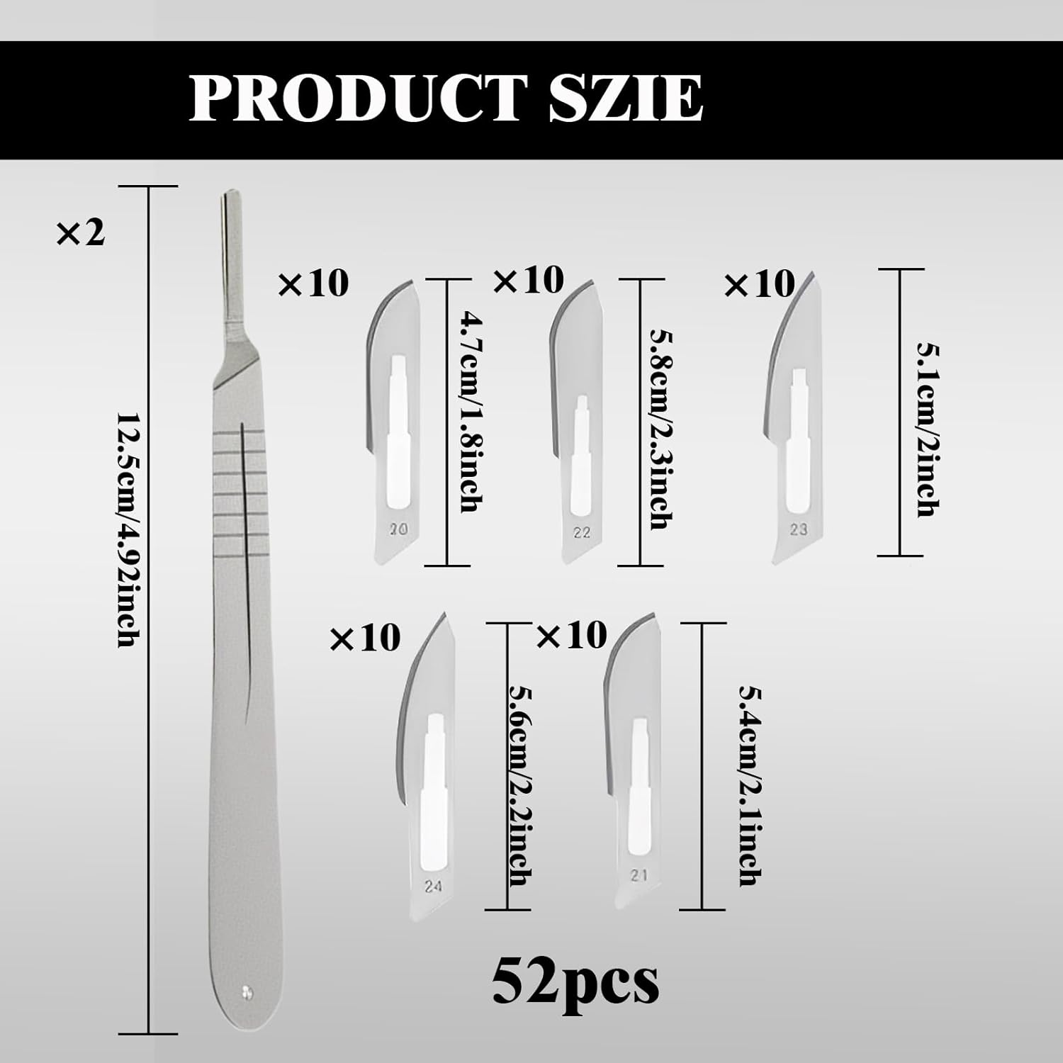 52 Pcs Scalpel Blades Kit, Carbon Steel Utility Scalpel Blade, 5 Styles Replacement Blades and 2 Pcs Knife Handle, DIY Cutting Hand Tools, Angled Cutter Knife for Anatomy Practicing, Sculpting​ image number 4
