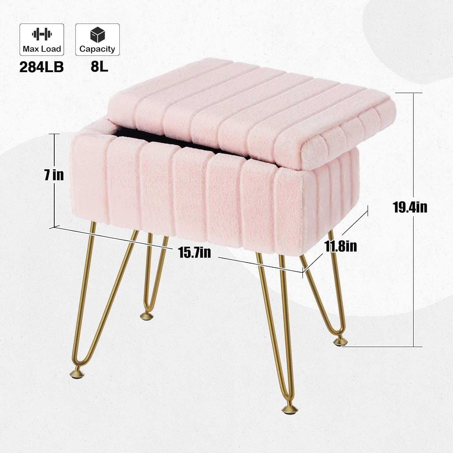 Homodoskey Vanity Stool Chair with Storage, Faux Fur Makeup Chair for Vanity, 15.7"L X 11.8"W X 19.4"H Soft Ottoman 4 Metal Legs with Anti-Slip Feet, Modern Multifunctional Chairs for Bedroom (Pink) image number 3