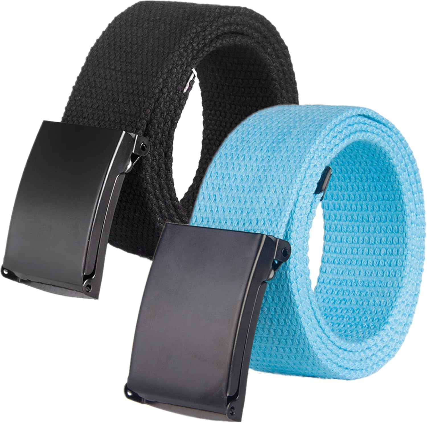 Yunyunstrap Mens Canvas Web Belt, Cut to Fit Size up to 69" with Flip-Top Solid Black Military Buckle, 2 Pack