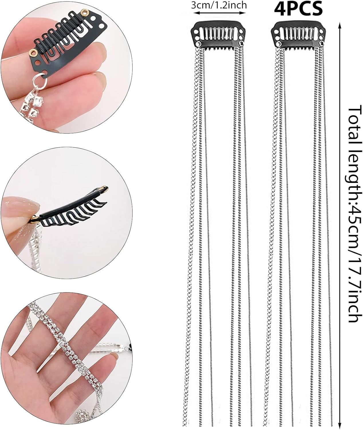 DHWEKU Rhinestone Hair Chains, Pack of 4, Punk Tassel Hair Clips, Chains, Crystal Hair Clips, Long Hair Clips with Rhinestones, Bling Hair Accessories for Women and Girls image number 5