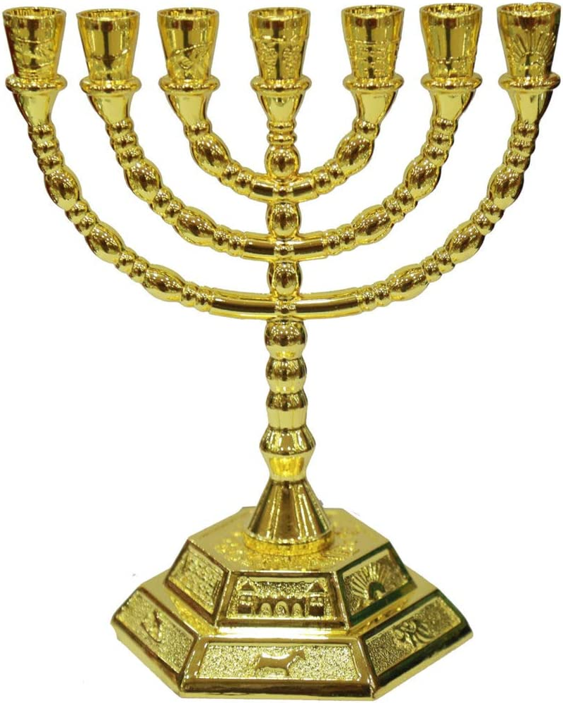 12 Tribes of Israel Jerusalem Temple Menorah Choose from 3 Sizes Gold or Silver (Gold 8 Inches)