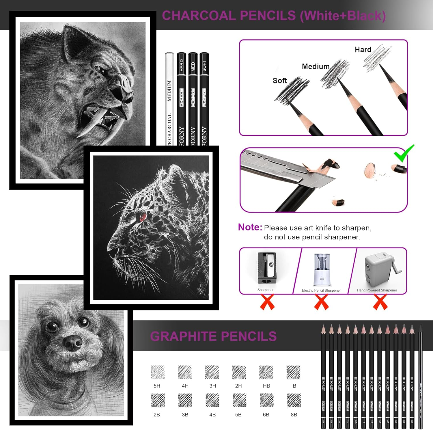 HIFORNY 42 PCS Drawing Set, Sketching Kit with Graphite & Charcoal Pencils, Blending Tools, Erasers & Accessories, Portable Zippered Travel Case for Artists & Beginners image number 4