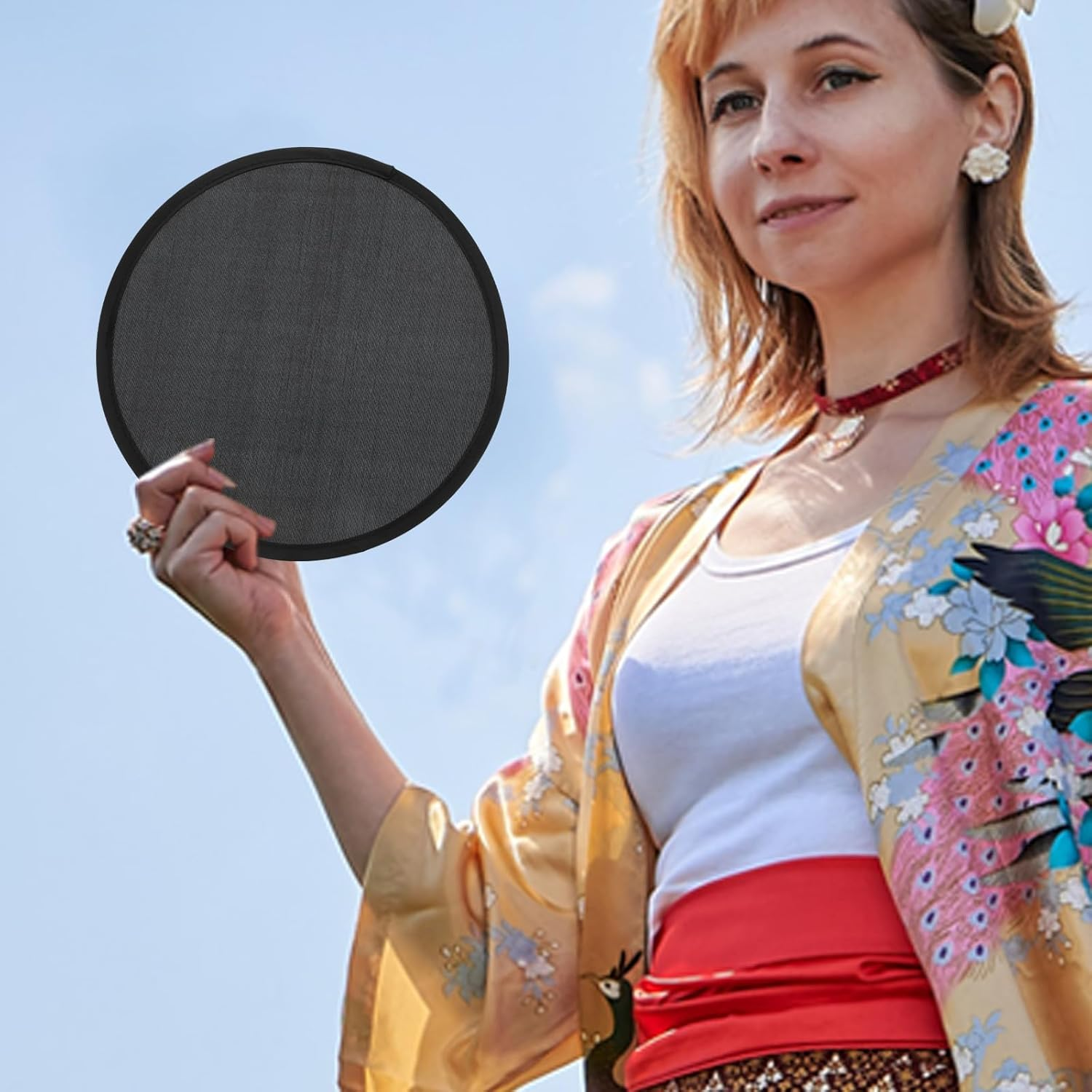 Cabilock 5Pcs Folding Fans, Portable Handheld round Fans, Black 10 Inch, Collapsible for Summer, Party, Wedding, Travel, Office, Plastic and Fabric Material - White image number 3