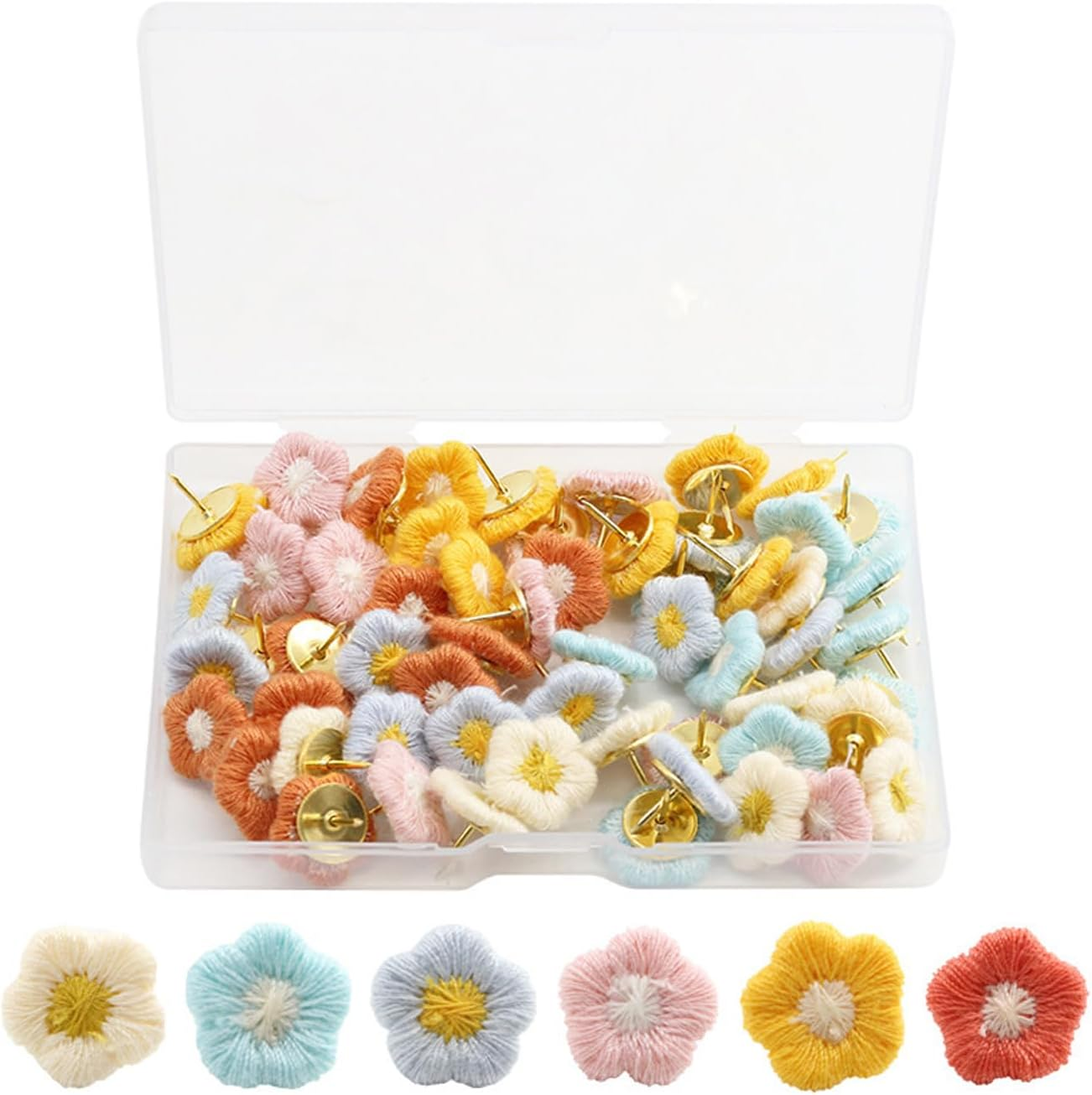 Funcyboo 30Pcs Cute Flower Push Pins, 6 Colors (White, Green, Blue, Pink, Yellow, Orange), Stainless Steel & Fabric, Decorative Office & Home Display image number 1