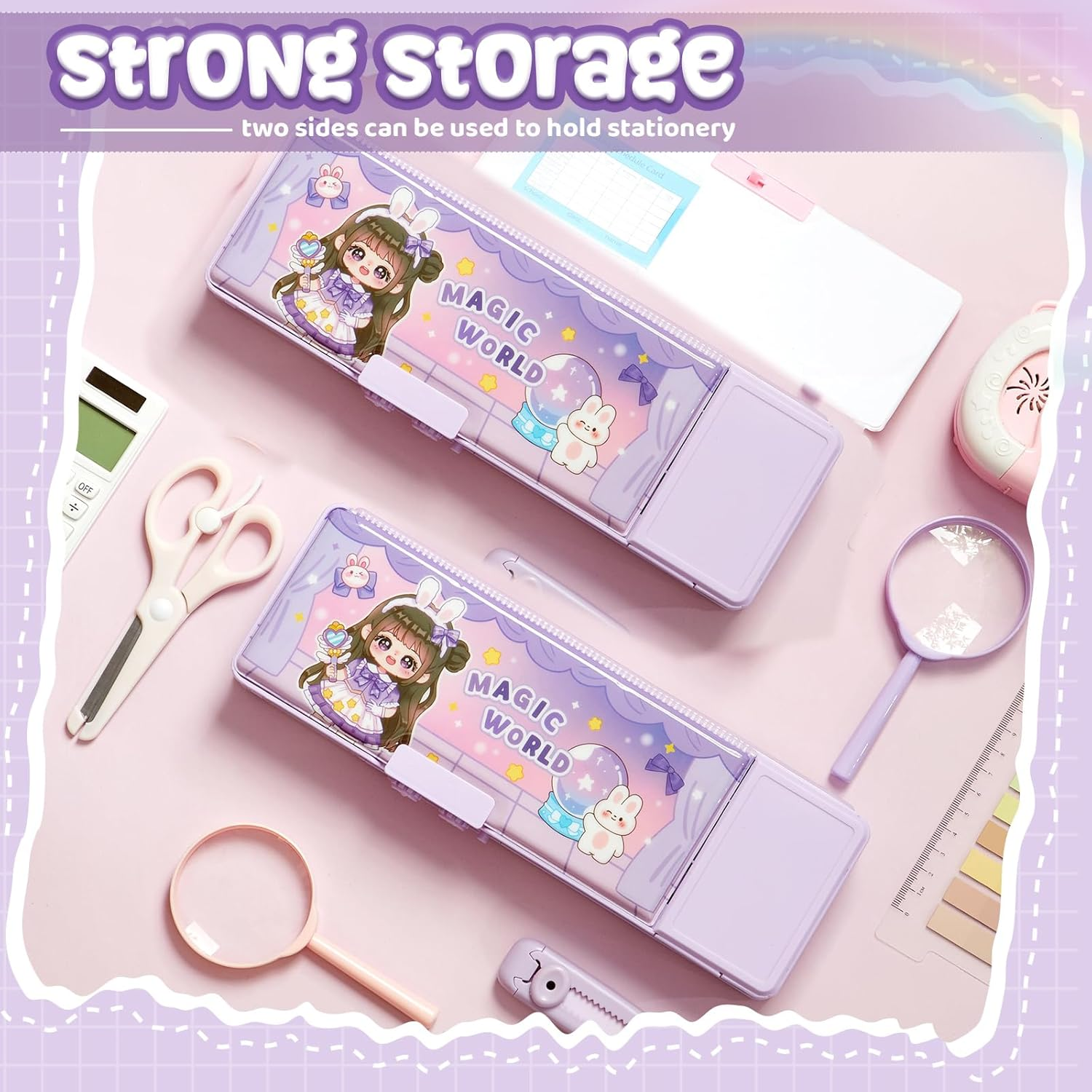 Pop up Multifunctional Pencil Case Organizer Cartoon Pen Box Pencil Box with Password Lock, Sharpener, Schedule, Whiteboard, Christmas Birthday Stationery Gifts for Teen (Purple,Magic World)