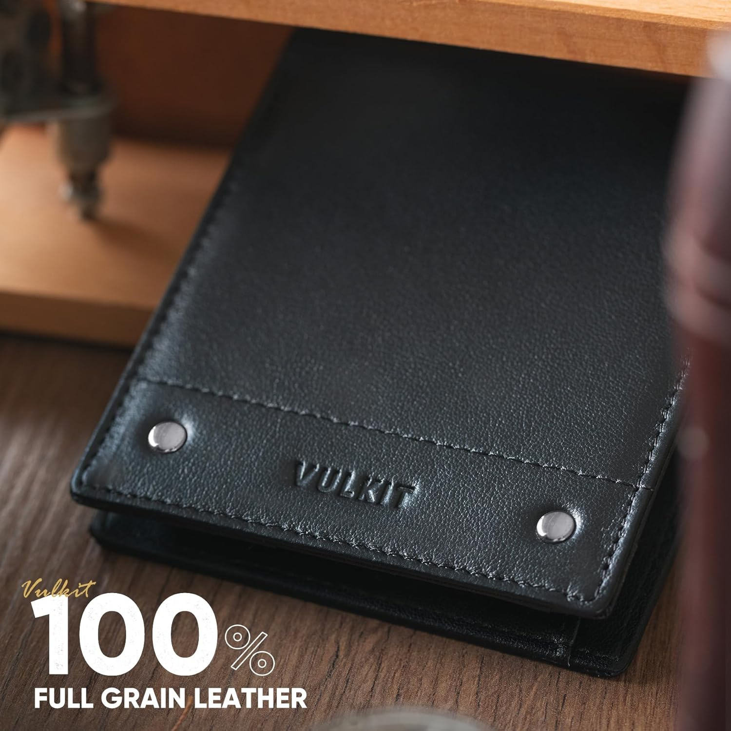 VULKIT Men'S Bifold Wallet Genuine Leather Wallet RFID Blocking with Multiple Card Slots and Double ID Windows Everyday Carry Wallet - Nappa Black image number 6