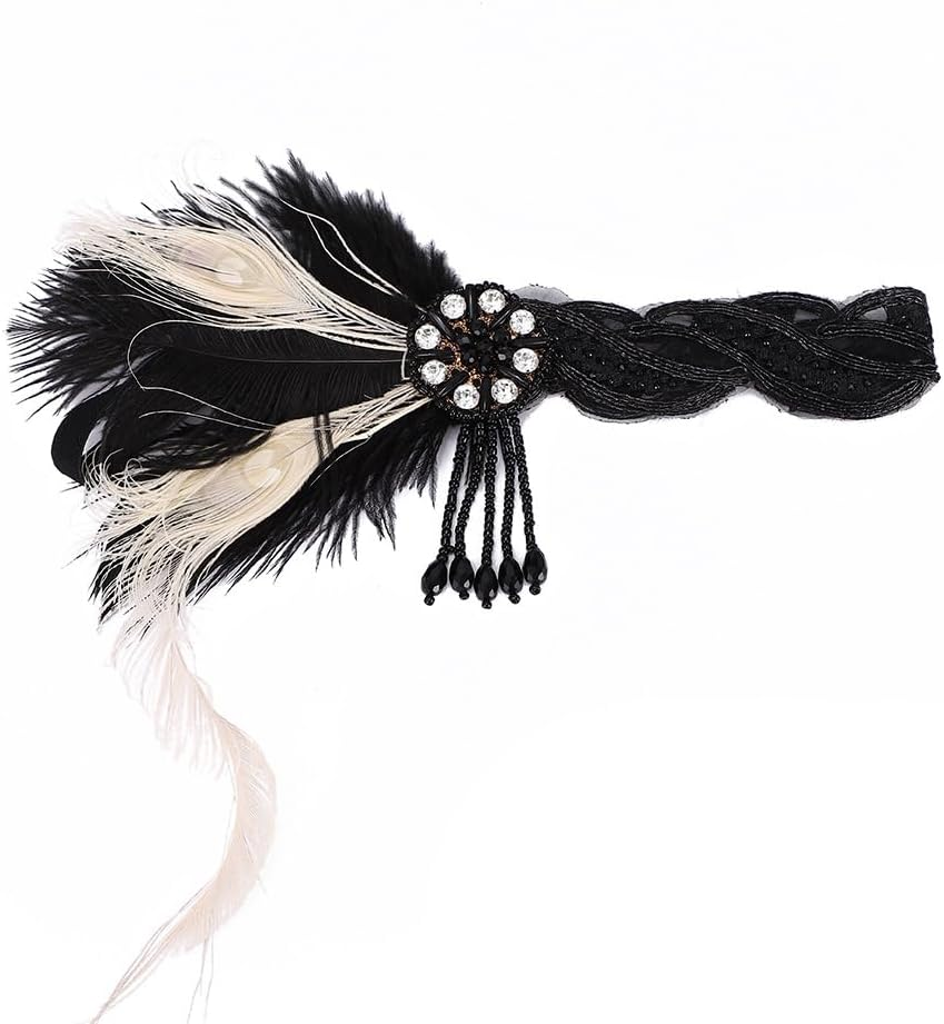 Aoozleny 1920S Feather Headwear, Beaded Fringe Rhinestone Headpiece, Roaring 20S Great Gatsby Headpiece Hair Accessories for Women