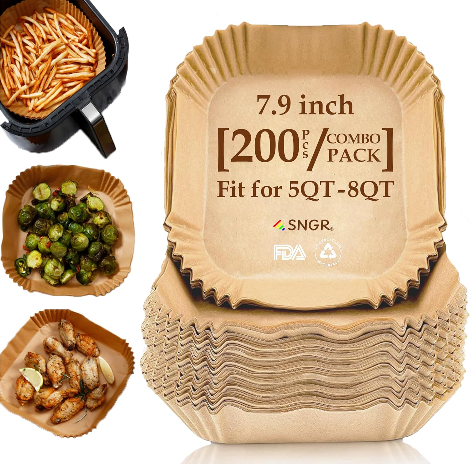 Premium 6.3Inch Square Air Fryer Liners, [200Pcs/Pack] Disposable Air Fryer Paper, Food Grade Baking Tray for 2-5QT Air Fryers - Air Fryer Accessories. image number 1