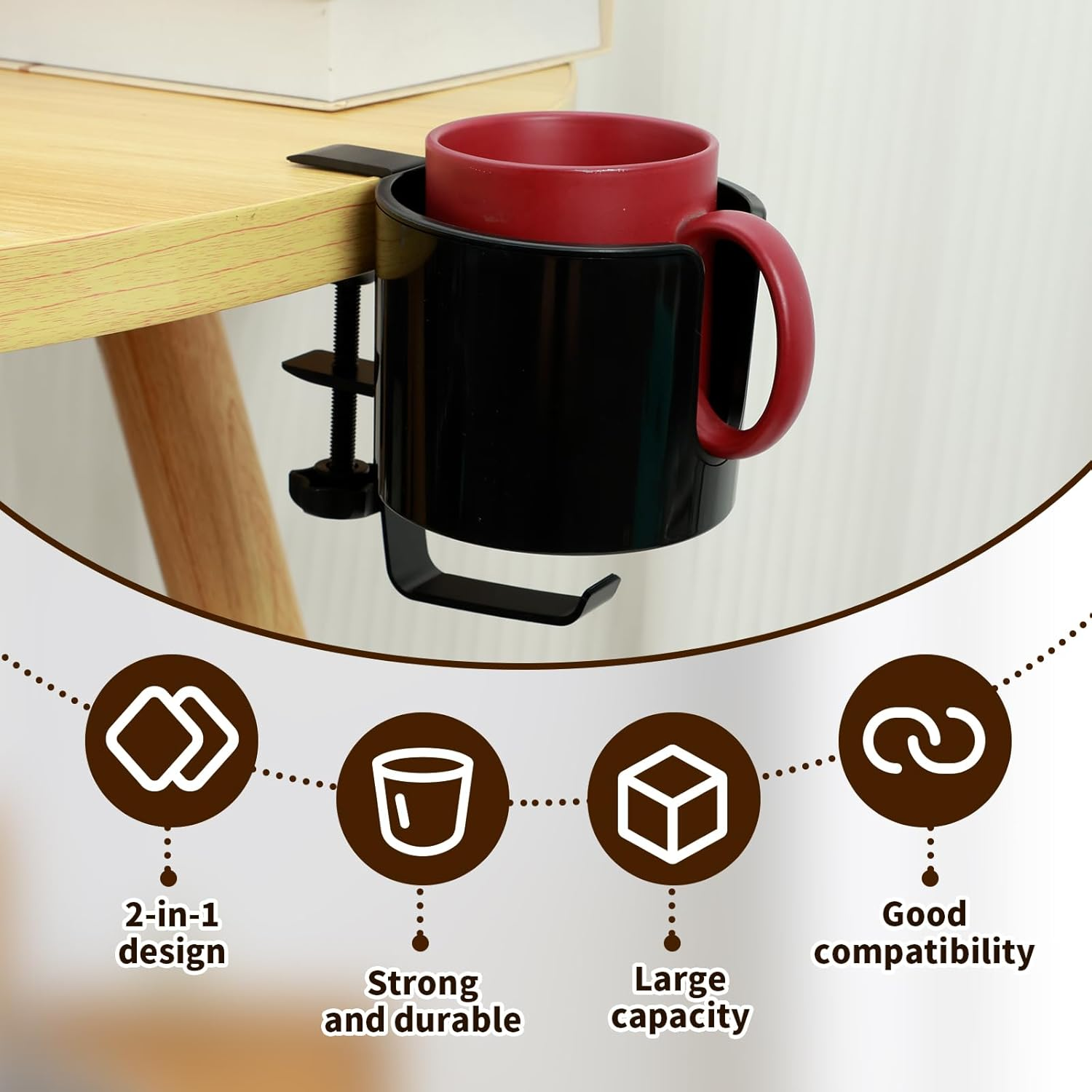 2Pcs Table Cup Holder, with Headphone Hanger, Adjustable Desk Holder Clip on Coffee Mug Organizer, Nonslip Tableside Cup Organizer, for Home Office Outdoors image number 2