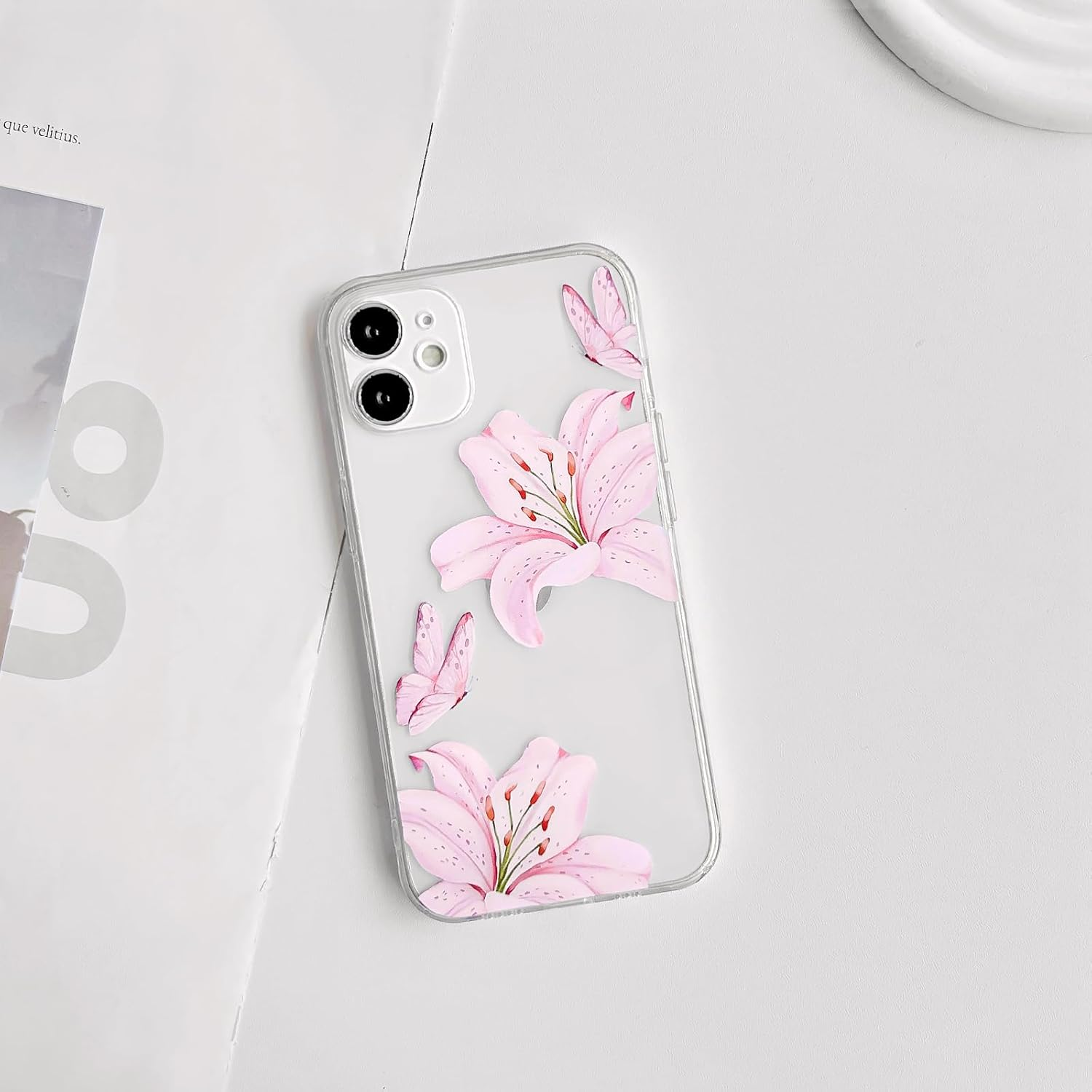NITITOP Compatible with Iphone 11 Case Clear Cute Butterfly Lily Flower Floral Pattern for Women Girls Full Camera Lens Clear Slim Shockproof Protective Phone Cover - Pink image number 5