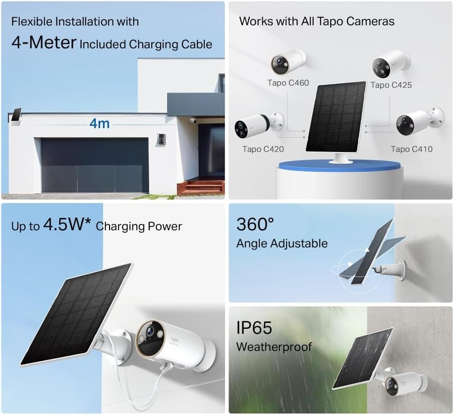 Tp-Link Tapo Solar Panel, Standalone Mounting Bracket, Flexible Installation Options, Non-Stop Power Supply, Angle Adjustment, 4M Charging Cable, IP65, Compatible with Tapo Battery Camera (Tapo A202) image number 1