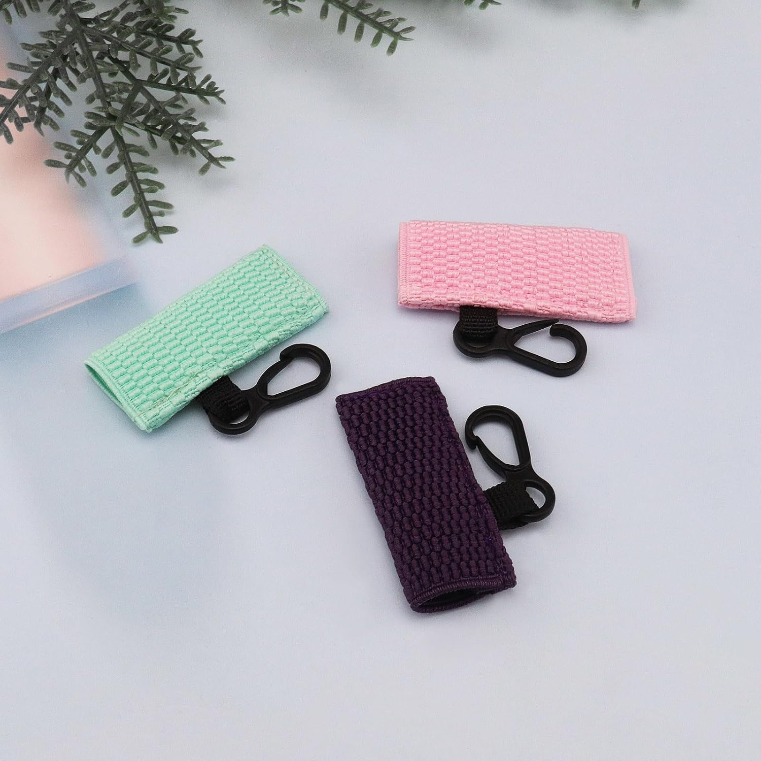 SING F LTD 3Pcs Lip Balm Holder Lipstick Sleeve Chapstick Sleeve Holder Tight-Knit Elastic Lipstick Sleeve with Keychain(Purple/Pink/Green) image number 4