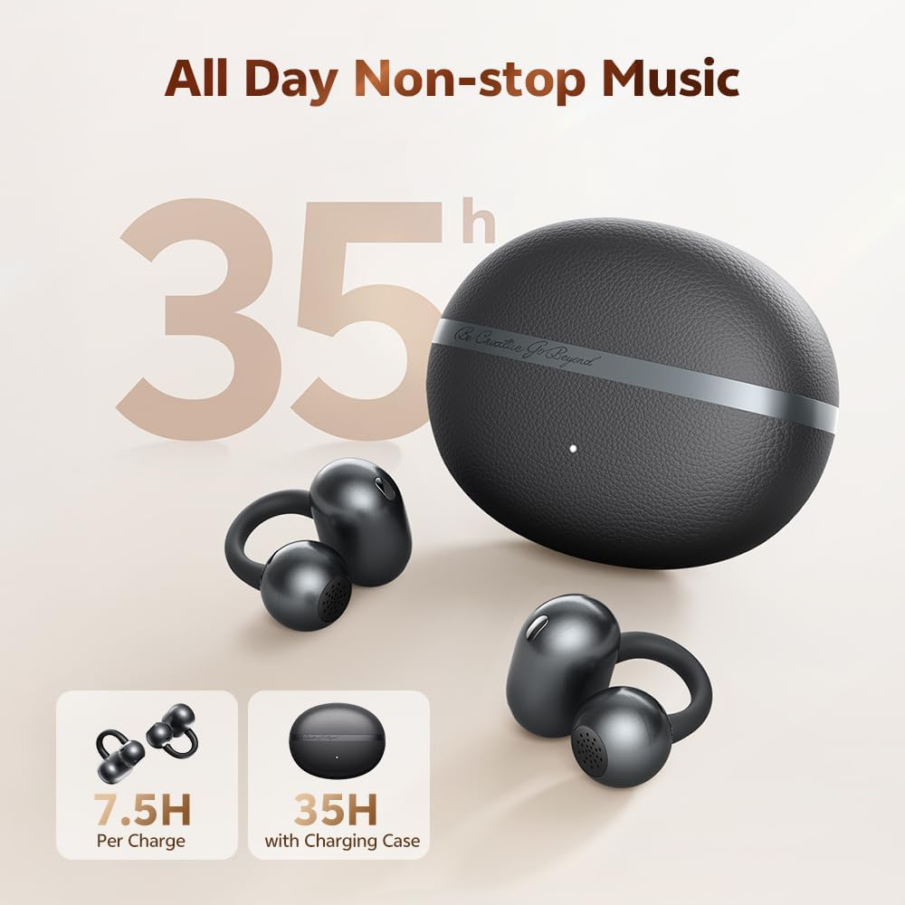 QCY Crossky C50 Open Ear Headphones, Clip-On Headphones, Wireless Bluetooth, Powerful Bass, Noise Cancelling for Calls, 5.2 G, Ultralight & Comfortable, Bluetooth 6.0, 36 Hours Playtime, IPX5
