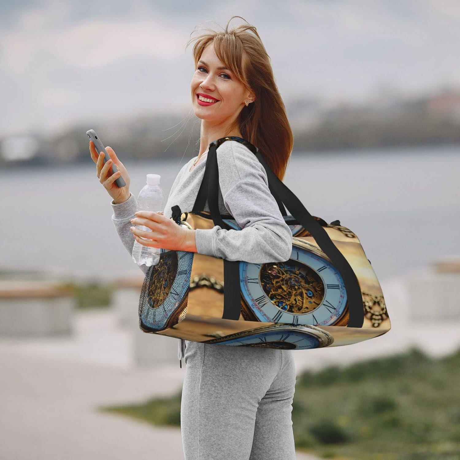 Gears Clock Bronze Century Print Functional Travel Tote Ample Space Travel Bag Foldable Carry on Tote for Weekender image number 2