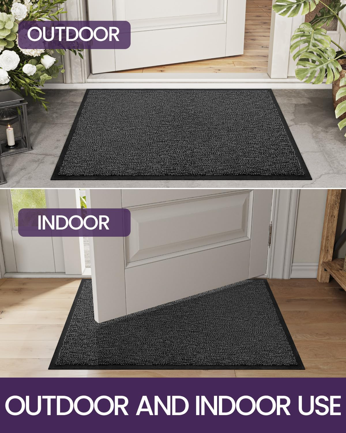 DEXI Door Mat Indoor Outdoor, Washable Barrier Front Doormat for Entryway, Heavy Duty Non-Slip Absorbent Entrance Rug Shoes Scraper, 60 X 90Cm, Black and Gray image number 1
