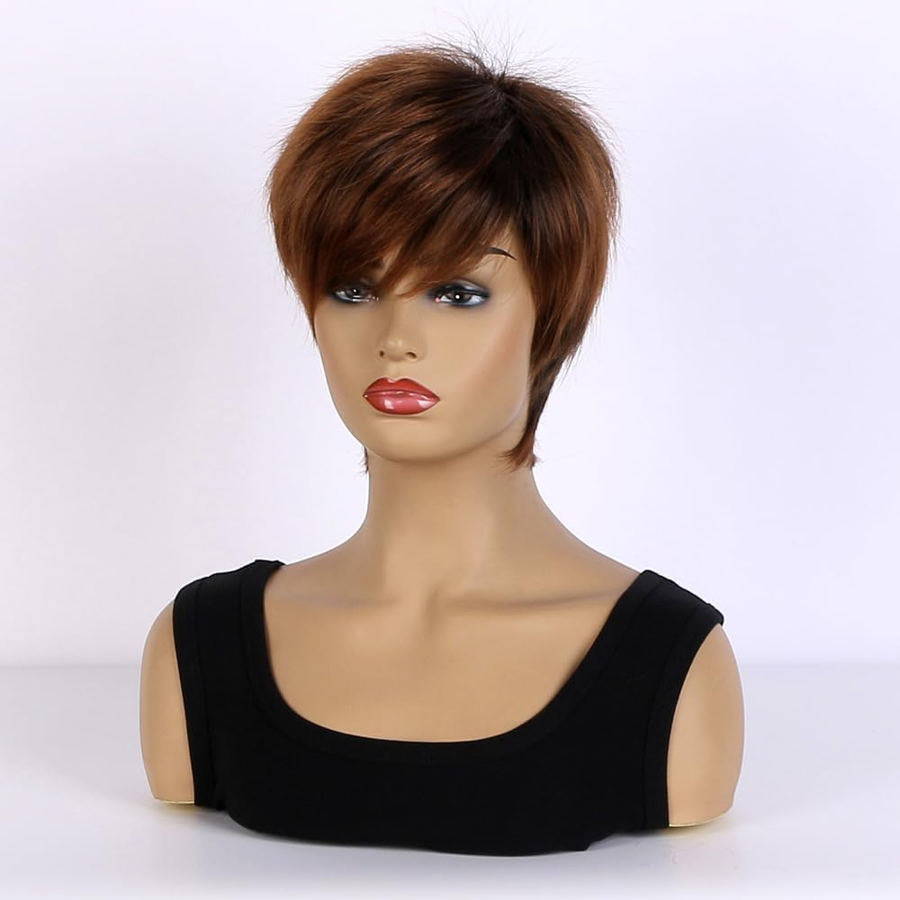 AUBWIG Short Pixie Cut Wigs Tiered Fluffy with Fringe Natural Straight Synthetic Short Hair Wigs Heat Resistant Full Wigs for Women (Brown) image number 2