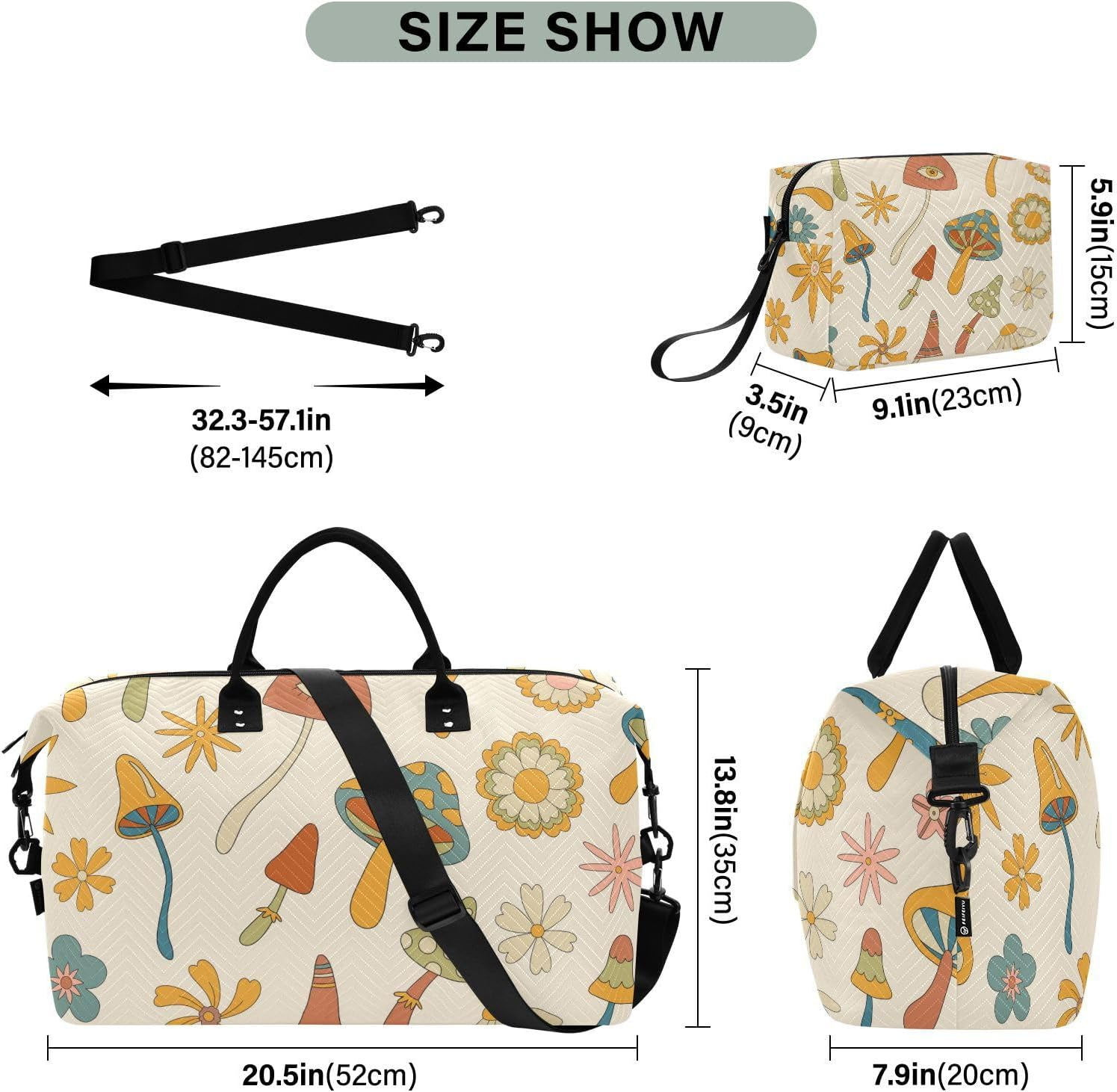 Oversized Travel Duffel Bag Travel Weekender Gear Bag Retro Woodland Mushrooms Flowers Gym Tote Bag with Adjustable, Retro Woodland Mushrooms Flowers, Set of 2, Art Deco image number 4