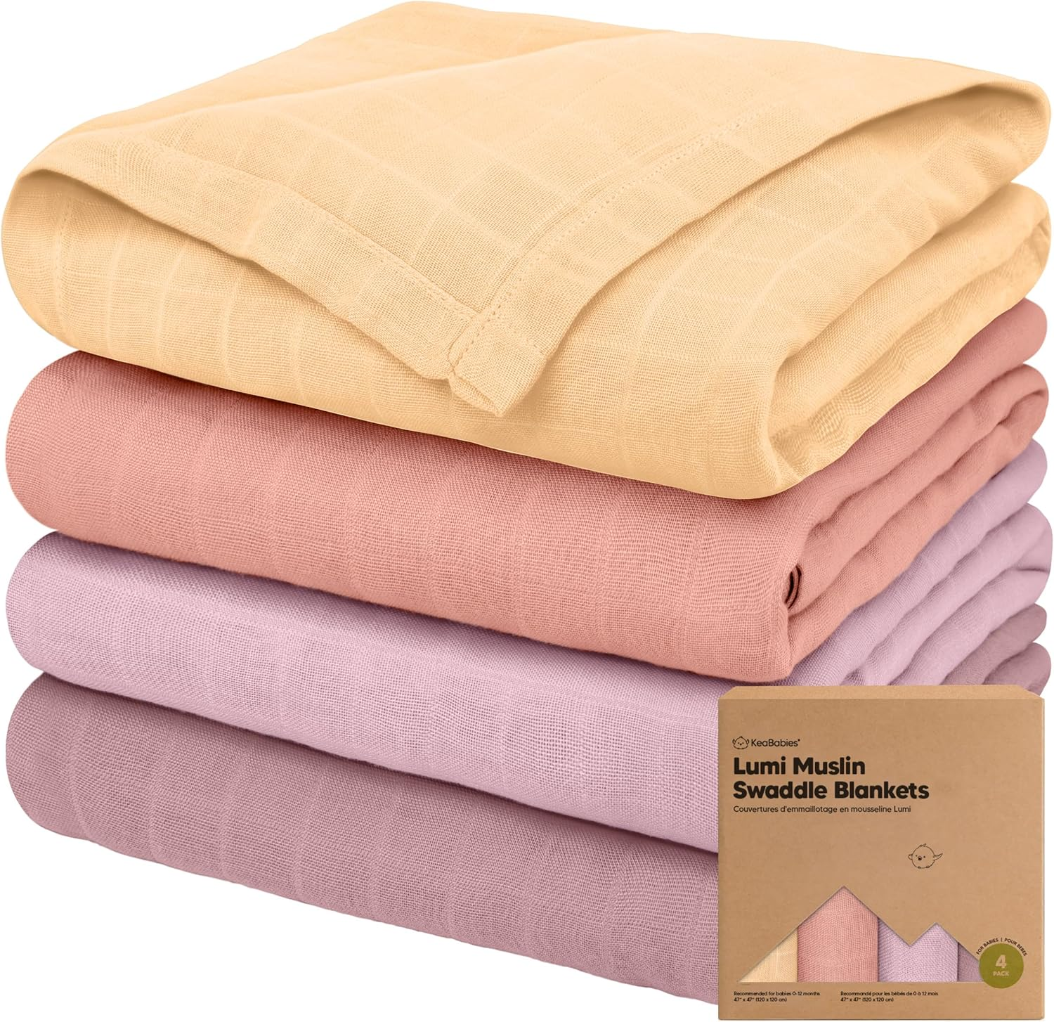 4-Pack Muslin Swaddle Blankets for Baby Boys, Girls - Organic Baby Blankets for Girl, Boy, Baby Swaddle Blanket Unisex, Receiving Blankets, Swaddles for Newborns, Newborn Baby Essentials (Lavender)