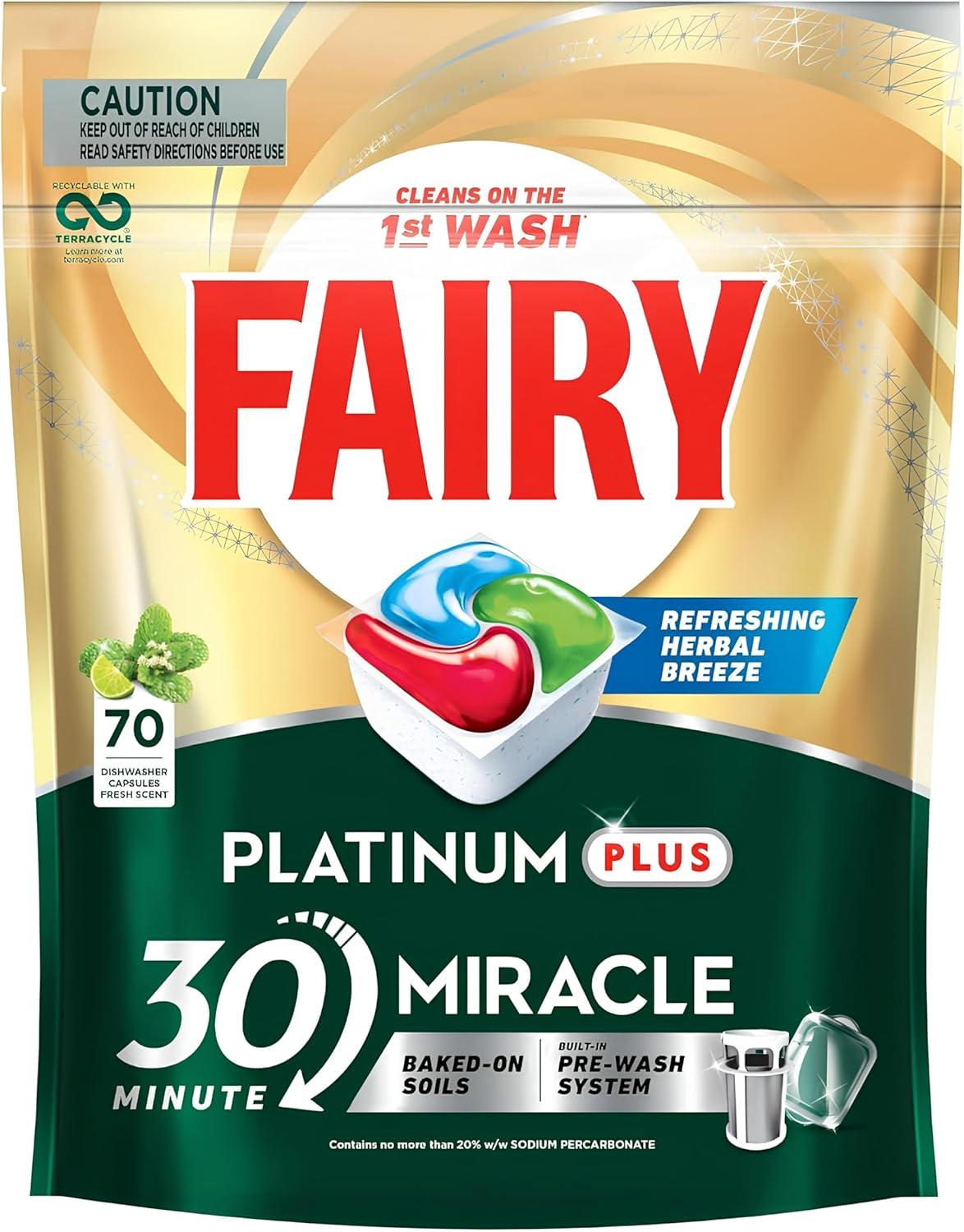 FAIRY Platinum plus Dishwasher Capsules, 70 Pack, Refreshing Herbal Breeze Scent, 1.28Kg