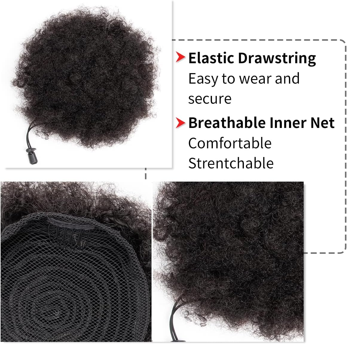 FEIPRO Afro Puff Drawstring Ponytail Human Hair Small Curly Ponytail Buns Hairpieces 8A Brazilian Virgin Hair Short Clip in Ponytails for Black Women Girls Kids 6 Inch Natural Black image number 5