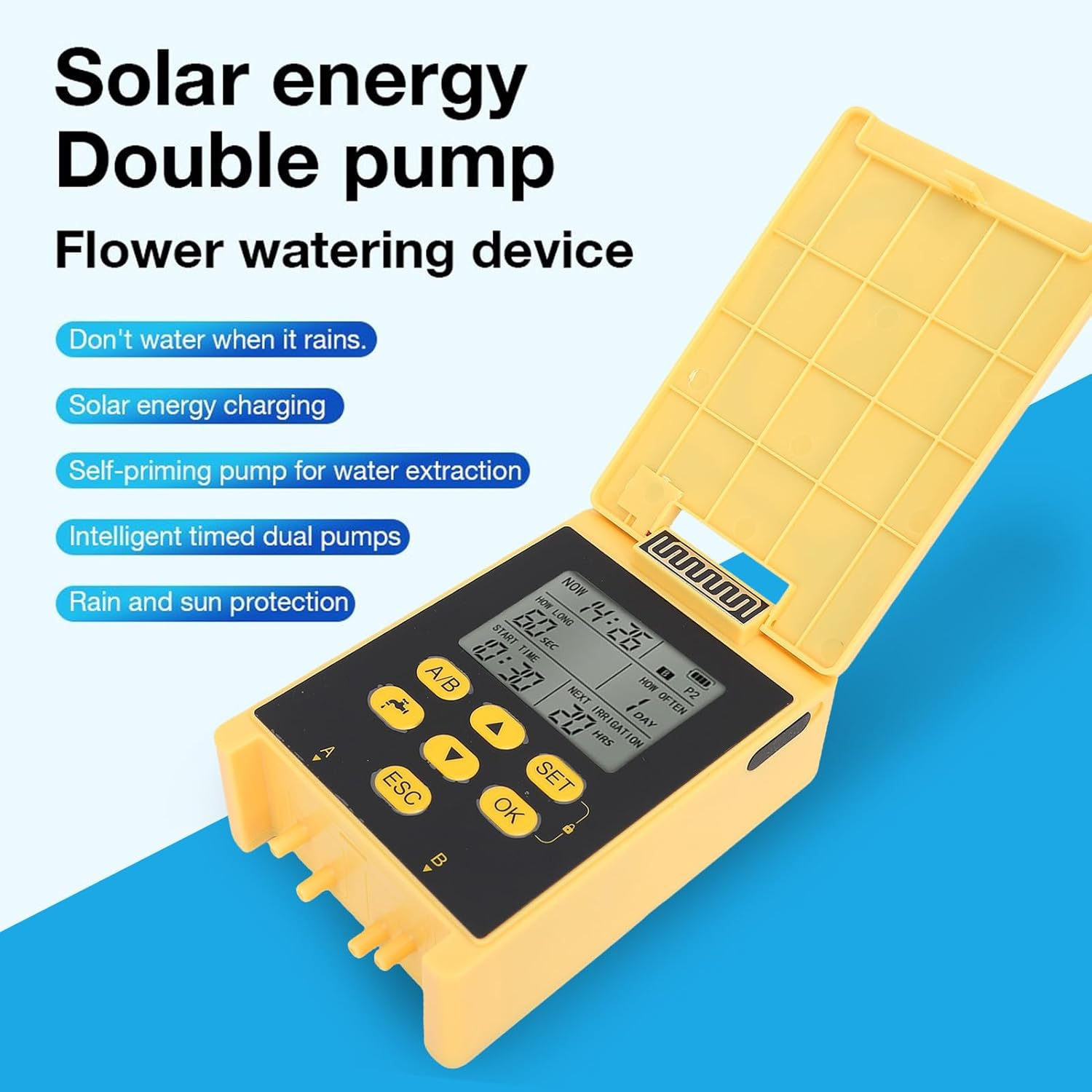 Diyeeni Solar Dual Pump Watering Device, 2000Mah Li Battery, with Rain Delay Function for Landscape Garden Greenhouse,Usb Port Indoor Irrigation Kit Intelligent Timing image number 5