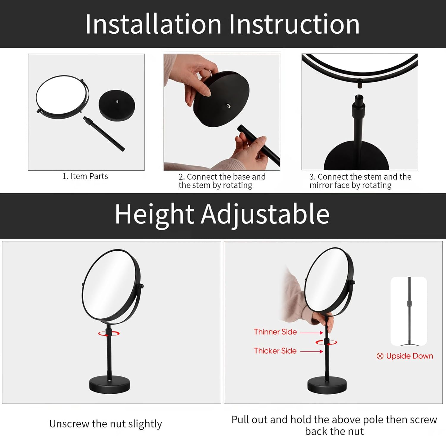 Nicesail Higher Taller Tabletop Makeup Mirror of 8 Inch, 5X Magnified Makeup Mirror Countertop Standing, Height Adjustable, Double Sided Mirror in Matte Black (8 Inch, 5X)&hellip; image number 2