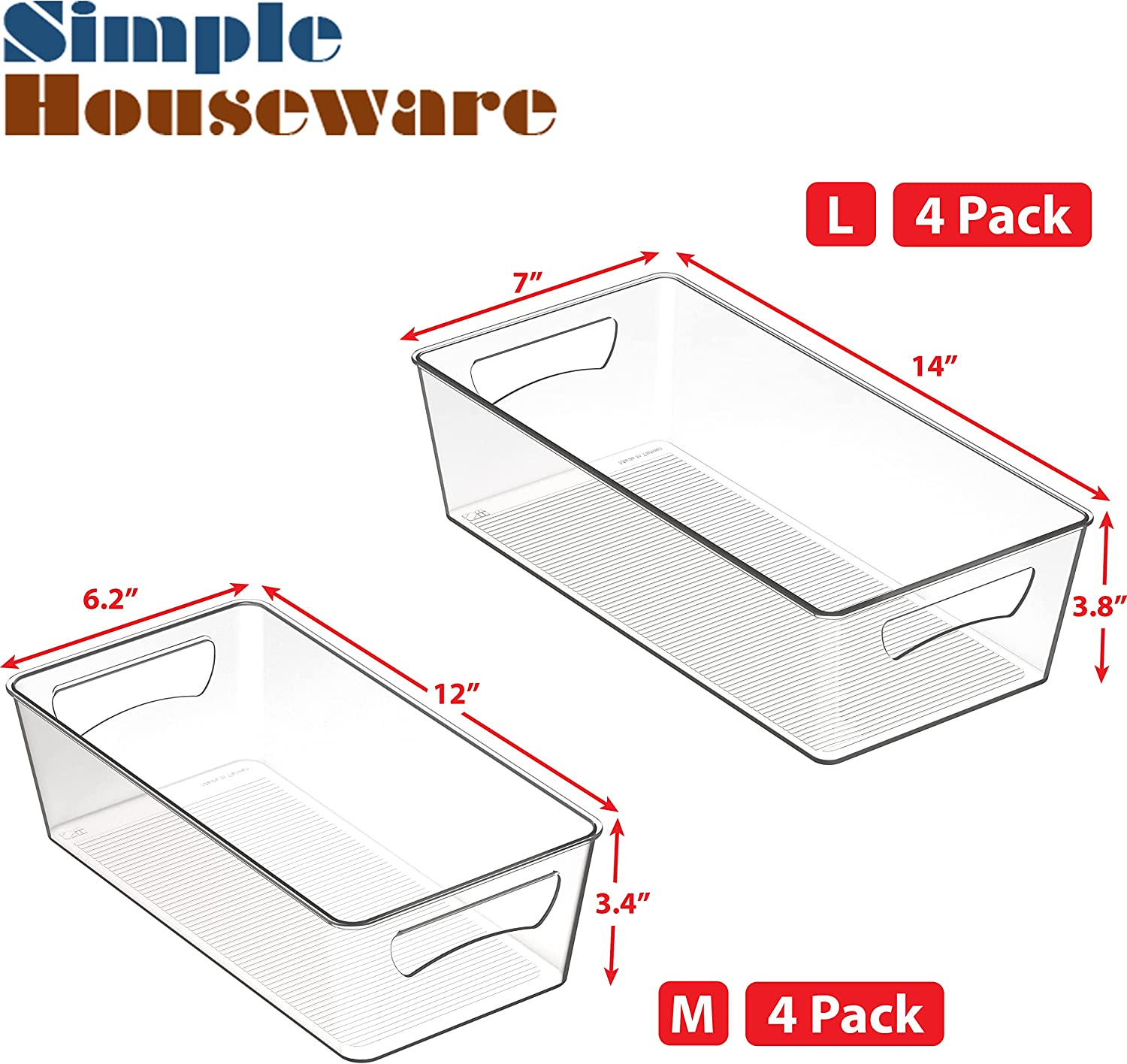 Simple Houseware 8 Pack Variety Clear Fridge Organiser Pantry Storage Containers (4 Medium, 4 Large)