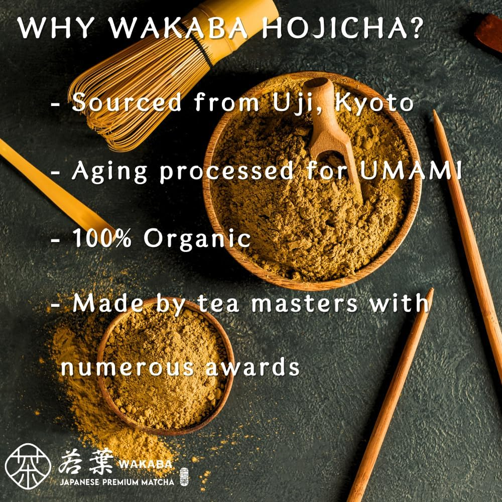 WAKABA Premium Organic Hojicha Powder 100G from Uji, Kyoto, Japan | Roasted Green Tea | for Latte, Baking, Cooking | Cafe Package image number 2