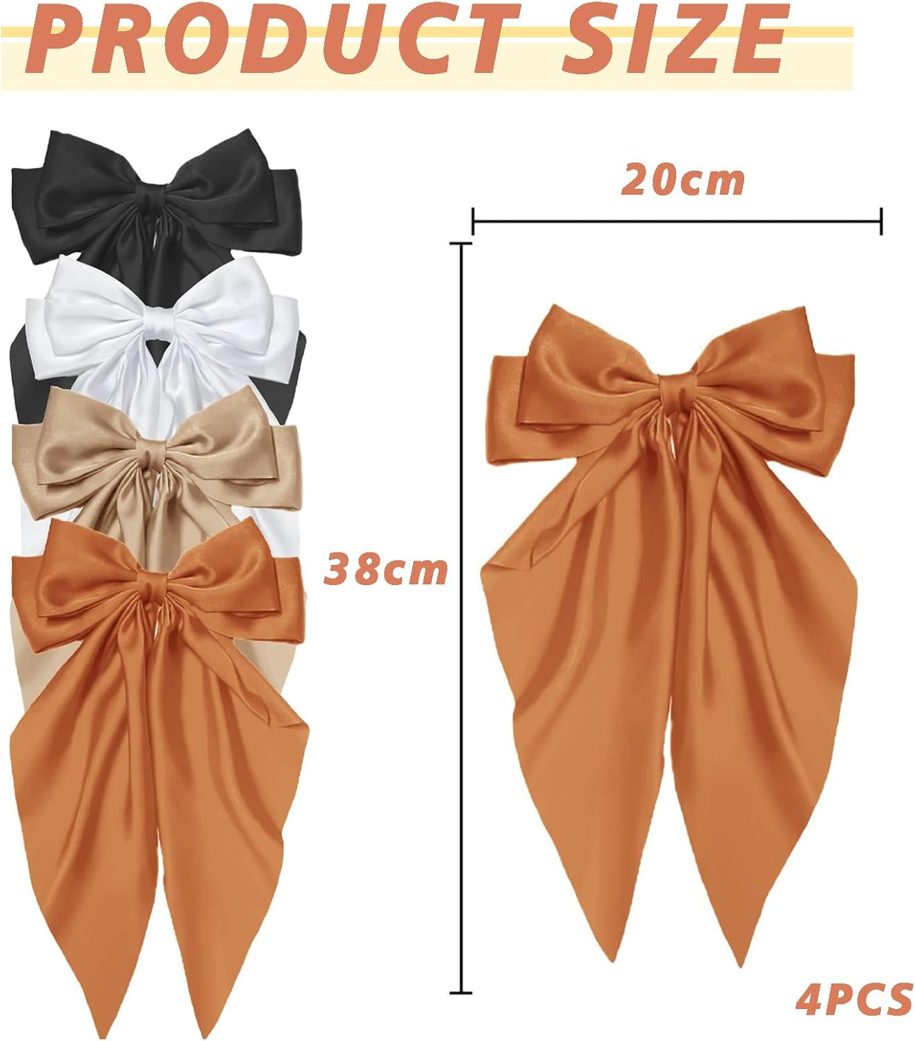 TELAIN Pack of 4 Hair Bows for Women, Large Satin Hair Clips, Long Silky Bows for Hair, plus Size, Black and White Hair Clips, Coquette Hair Accessories for Women image number 3