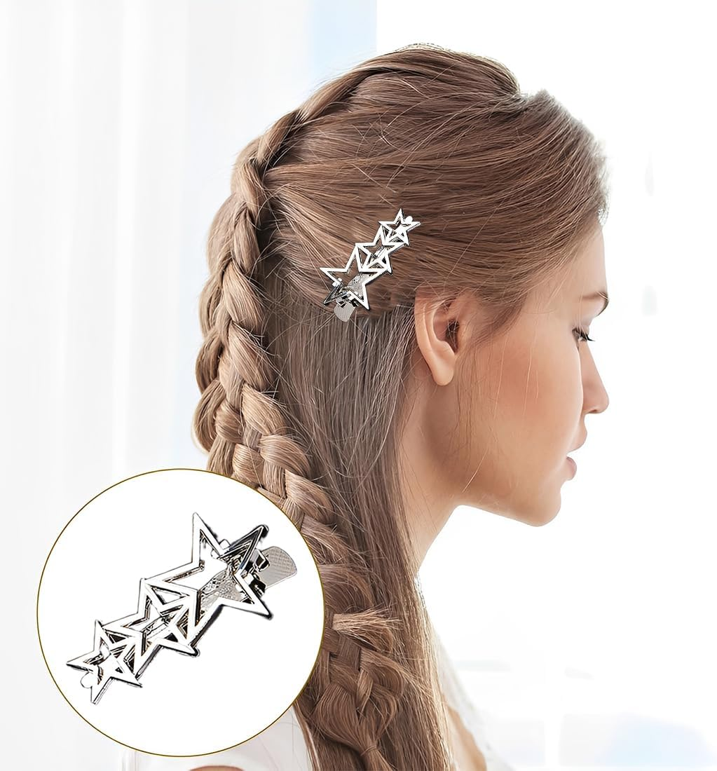 GGUFAY Pack of 4 Women'S Hair Clips with Bow, Stars, Waves, Five-Pointed Star for Women Girls, Fashionable Hair Claw, Duckbill Hair Clip, Y2K Silver Hairpin image number 3