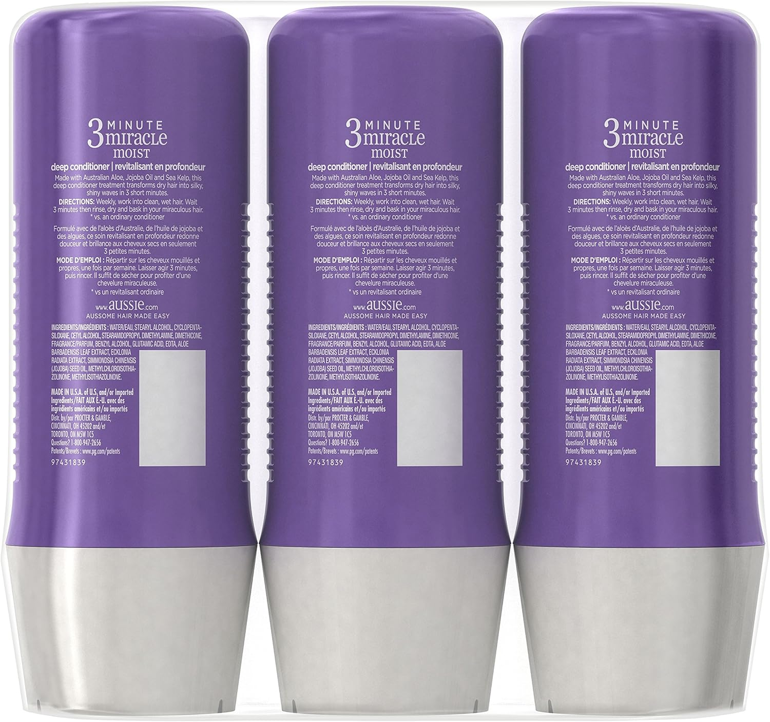 Aussie 3 Minute Miracle Moist Deep Conditioning Treatment, Detangler, 8 Fluid Ounces (Pack of 3) - Deep Conditioner