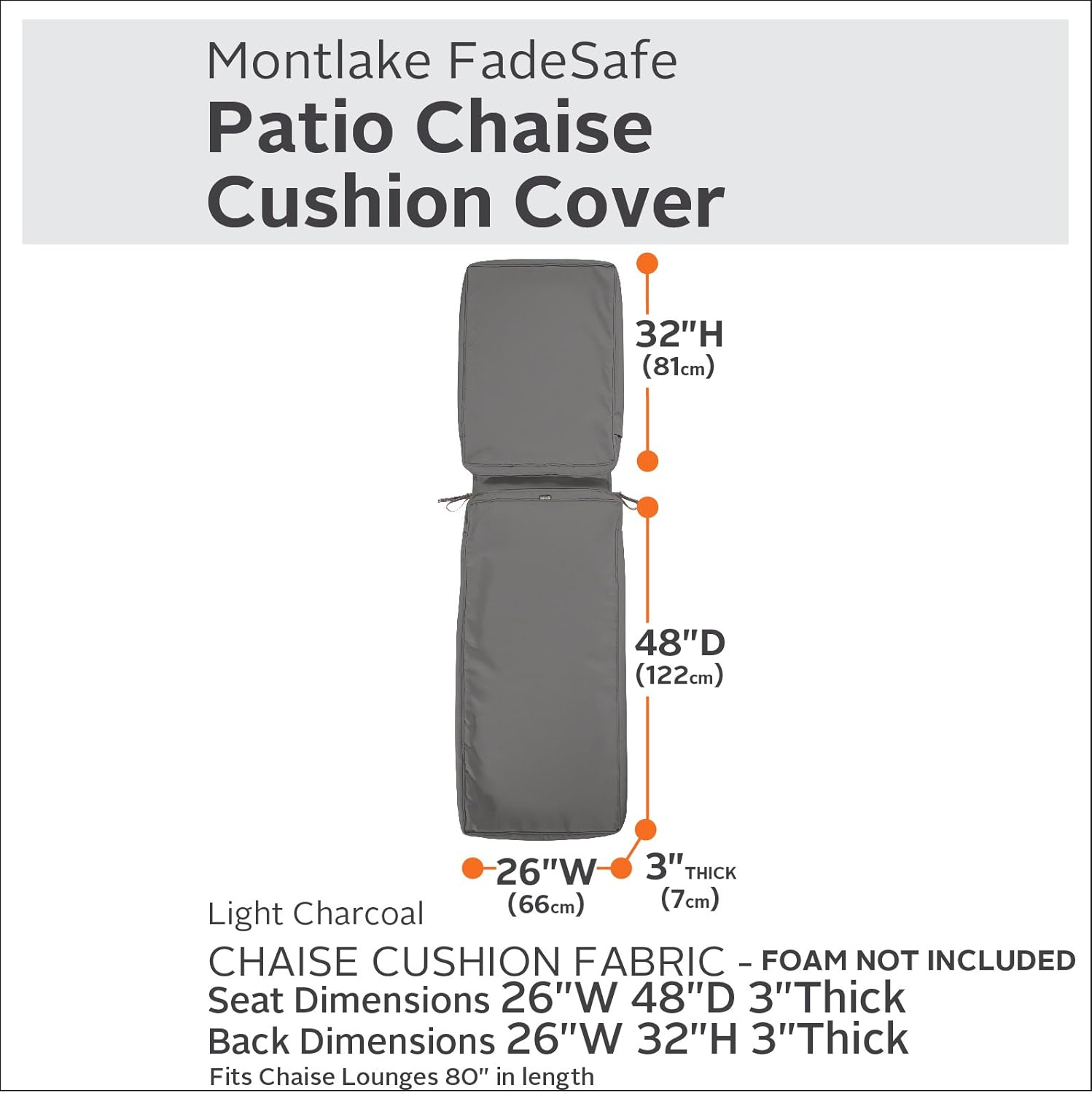 Classic Accessories Montlake Fadesafe Water-Resistant 80 X 26 X 3 Inch Outdoor Chaise Lounge Cushion Slip Cover, Patio Furniture Cushion Cover, Light Charcoal Grey image number 1