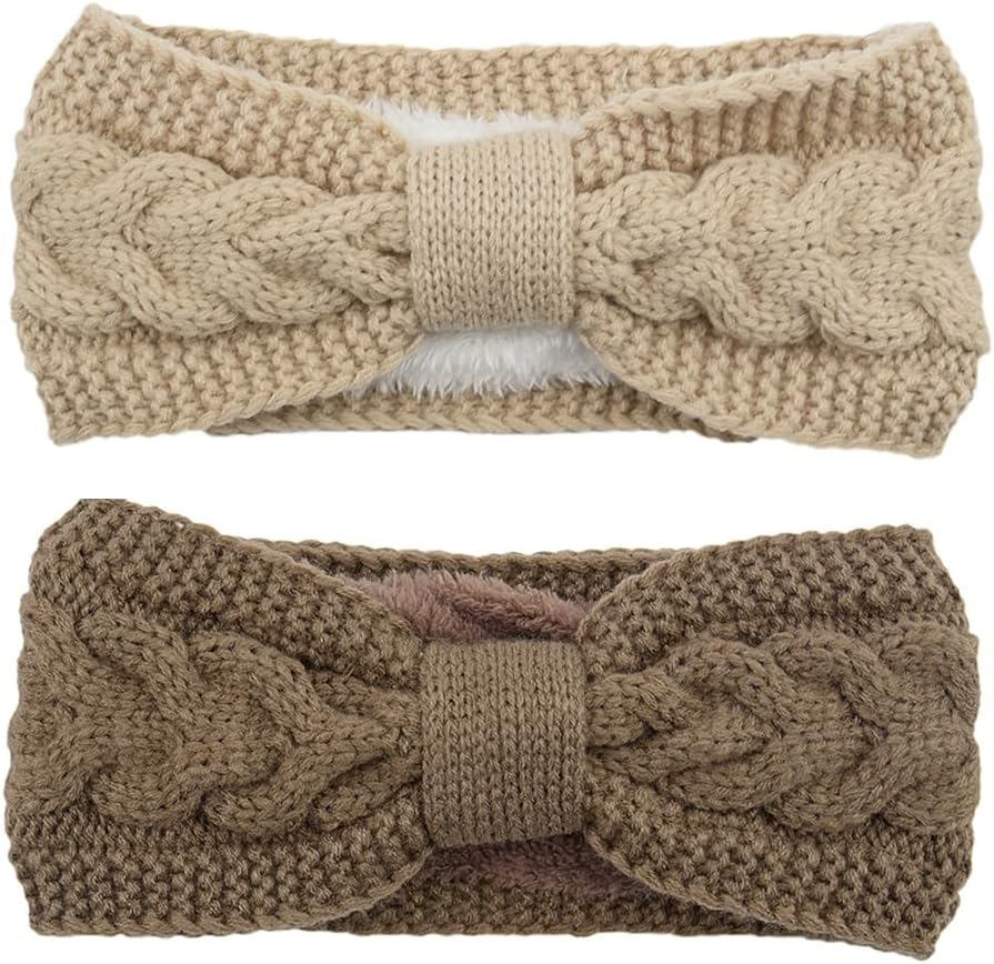YOFASEN Pack of 2 Women'S Winter Headbands, Lined Fleece Hair Bands, Elastic Headband, Ear Warmer, Hairband, Crochet Hair Accessories, Knitted Headband for Women and Girls (White + Pink)