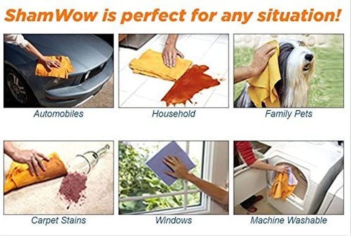 Shamwow the Original - Super Absorbent Multi-Purpose Cleaning Shammy Chamois Towel Cloth - Holds 10X Its Weight in Liquid - Machine Washable - Will Not Scratch (8 Pack: 4 Large Orange & 4 Small Blue) image number 3