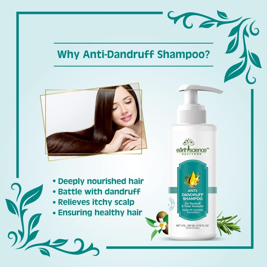 Earth Science Ayurveda anti Dandruff Shampoo with Tea Tree & Rosemary No SLS, Paraben Men or Women 200 Ml Pack of 1 image number 6
