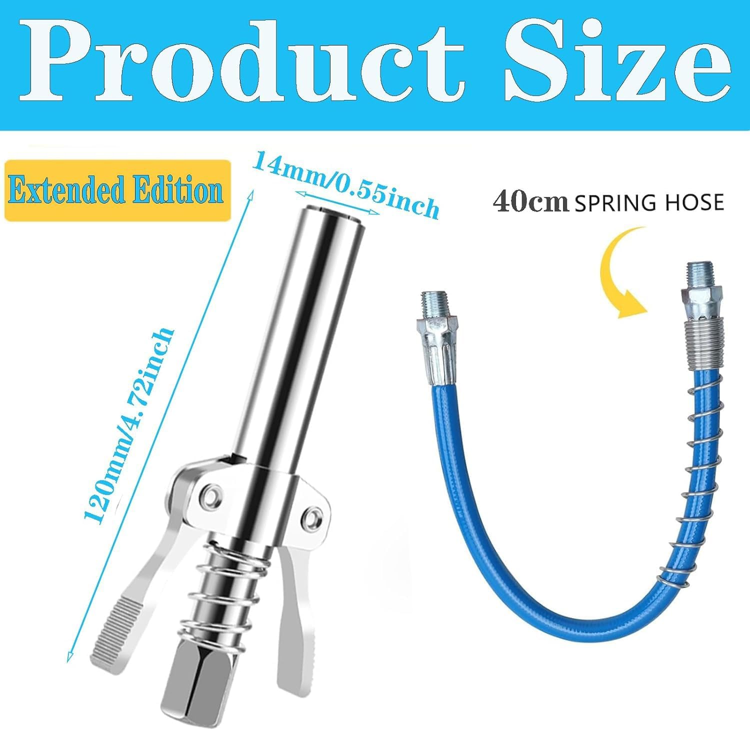 YUENTOEN Grease Gun Coupler with 15.7In Spring Flex Hose, Double Handle Extended Version Heavy Duty Grease Fitting 1/8" NPT 17,000 PSI image number 4