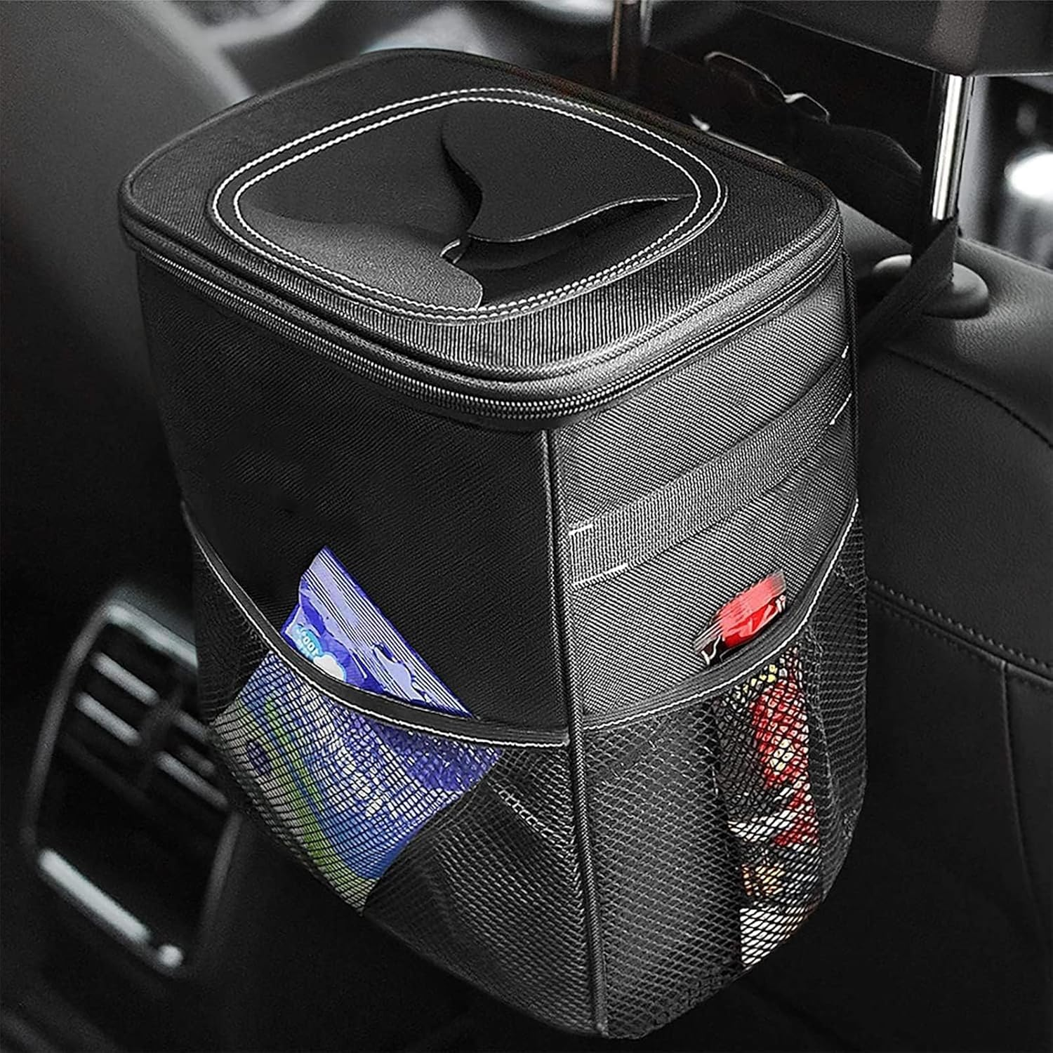 Car Trash Can with Lid & Storage Pockets &ndash;100% Leak-Proof, Waterproof 2-Gallon Multipurpose Car Organizer, Black