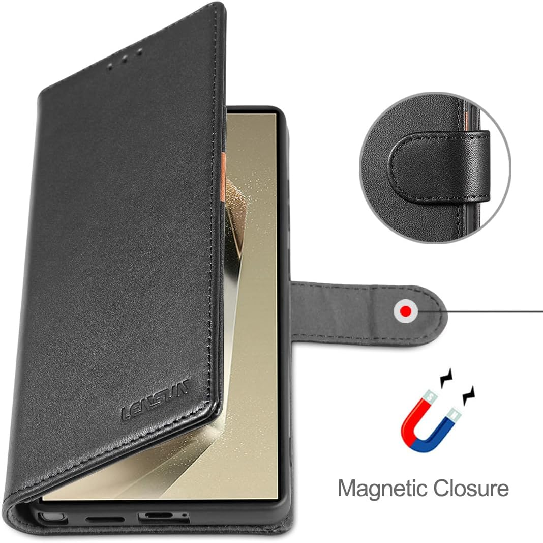 LENSUN Genuine Leather Case for Samsung Galaxy S25 Ultra, Mobile Phone Case [Genuine Leather] [Card Slot] [RFID] Leather Flip Mobile Phone Case for Samsung Galaxy S25 Ultra 5G - Black image number 4