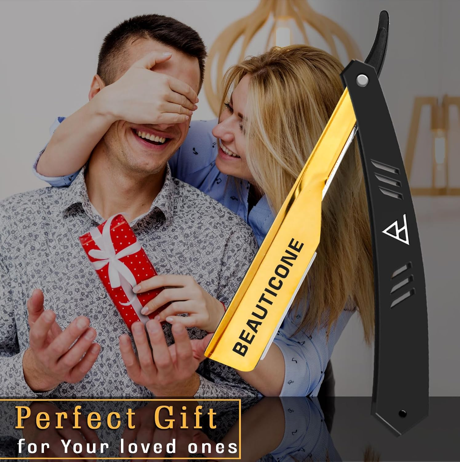 BEAUTICONE Professional Straight Razor for Men with 100 Single Edge Blades | Slide-Out Design (Black and Gold) - Barber Pole Slide-Out image number 3