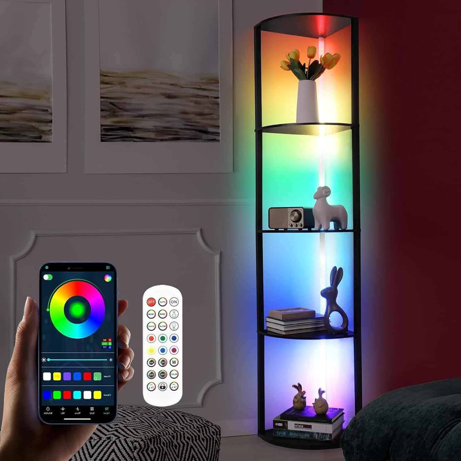 5 Tiers Corner Shelf with Light, 162Cm LED Corner Bookshellf Standing Floor Lamp via App and Remote Control, Corner Display Cabinet for Living Room Bedroom Home image number 3