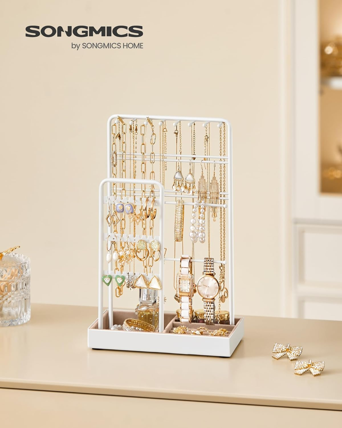 Songmics SONGMICS Jewellery Stand, Jewellery Organiser, Jewellery Display Stand with Metal Frame and Velvet Tray, Earring Bracelet Holder, Necklace Stand, for Studs, Rings, Gift Idea, White JJS021W01 image number 4