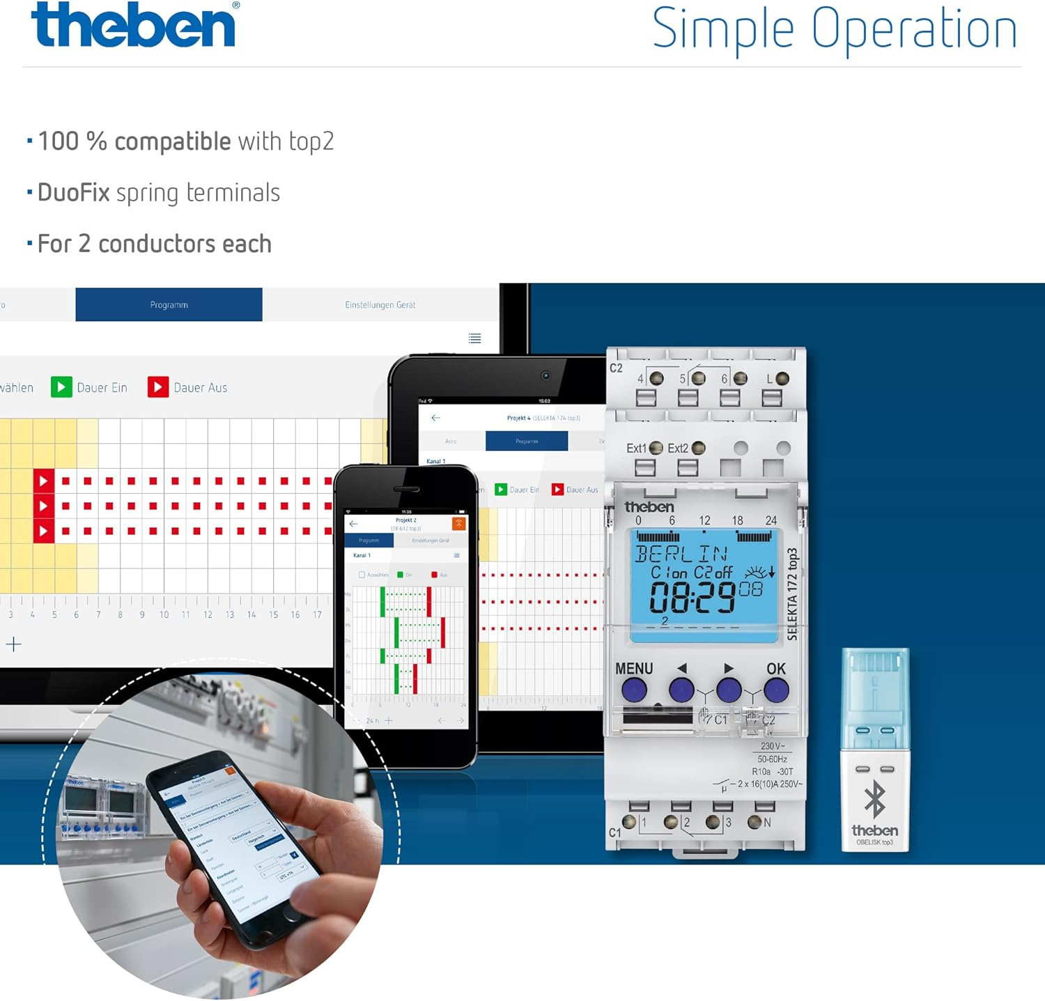Theben 6100130 TR 610 Top3 - Digital, 1 Channel Time Switch with Weekly Program, App Programmable, Perfect for LED, DIN Rail, Timer
