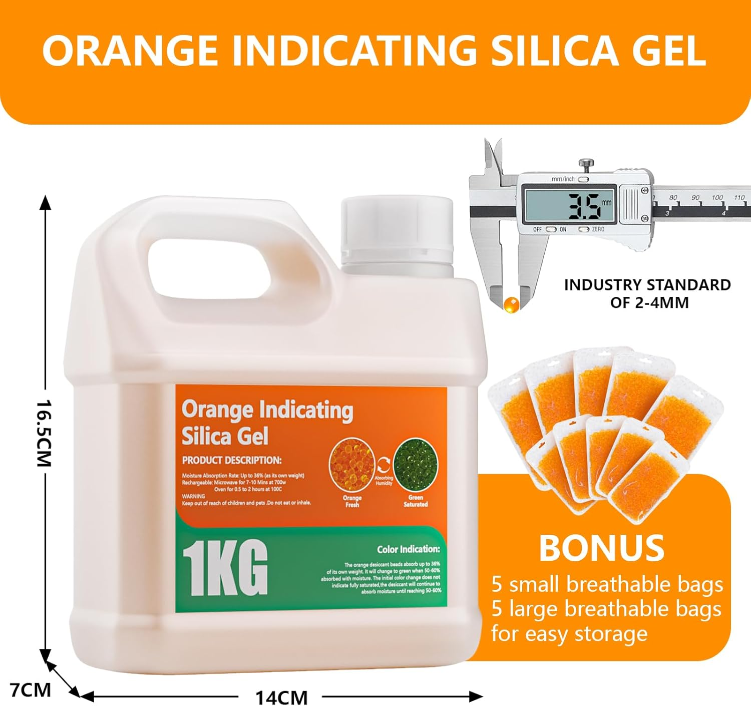 1KG Silica Gel Beads,Orange Moisture Indicating Rechargeable Silica Gel Desiccant Packets for 3D Printer Accessories, Filament Dryer,Filament Storage(Industry Standard 2-4Mm) image number 3