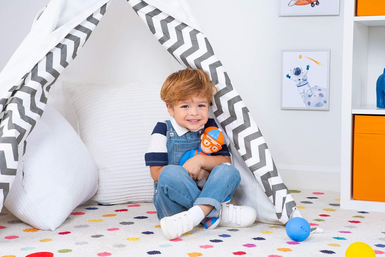 Blippi BLP0019 Bendable Plush Doll, 16&rdquo; Tall Featuring Sfx-Squeeze the Belly to Hear Classic Catchphrases-Fun, Educational Toys for Babies, Toddlers, and Young Kids image number 5