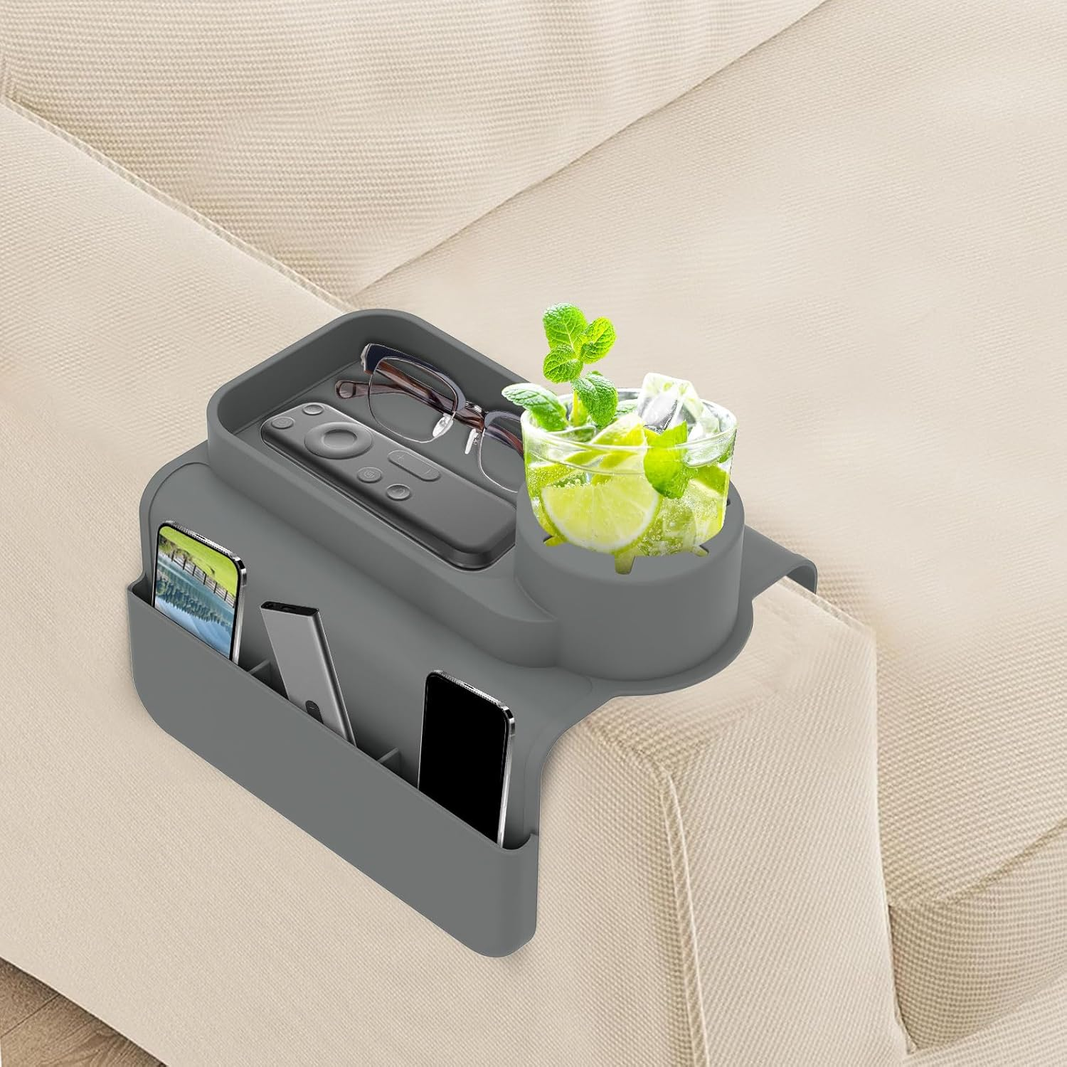 Fwqofvk Silicone Sofa Couch Cup Holder with Side Pocket, Easy to Install Silicone Armchair Cup Holder, Versatile Sturdy Sofa Armrest Tray, Couch Drink Holder for Living Room 48X29.5X11Cm (Grey)